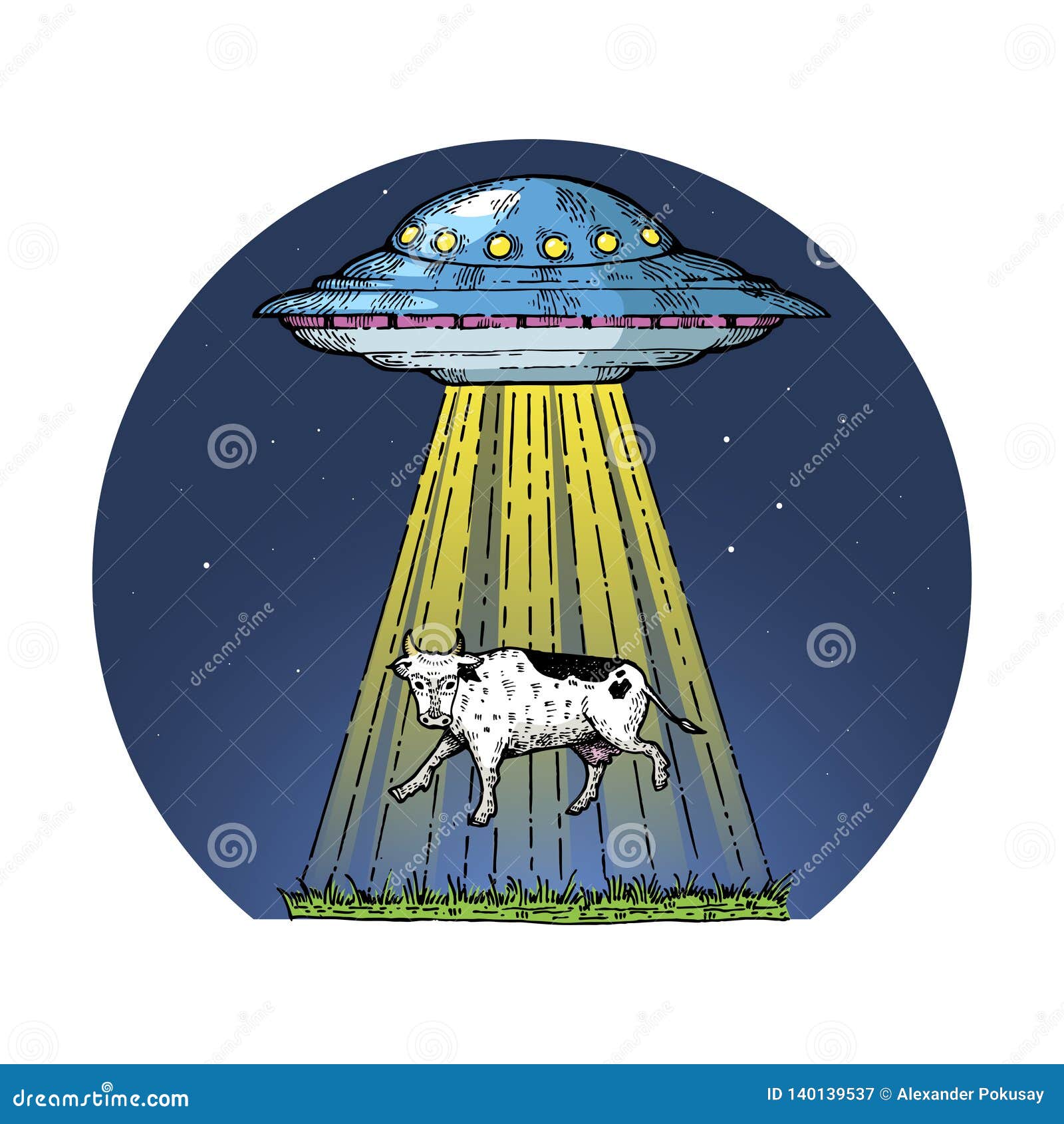 ufo kidnaps the cow color sketch engraving