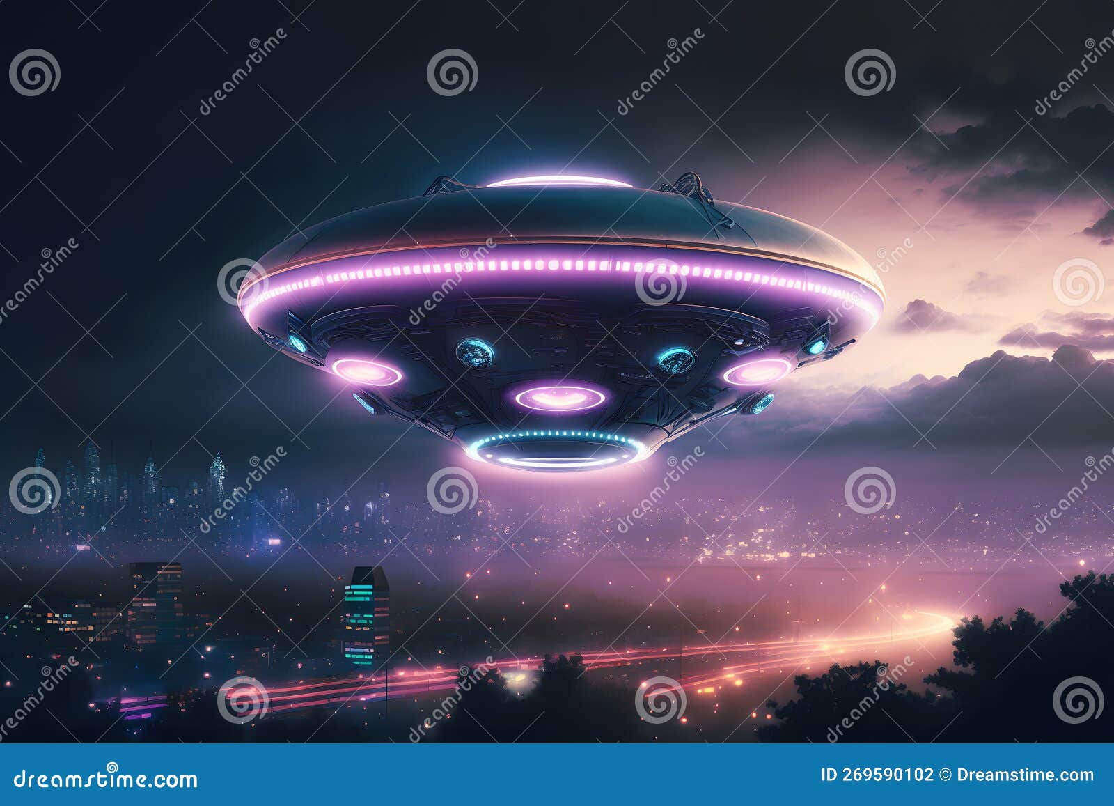 ufo object with glowing lights flying to city center on a rainy day. neural network generated art