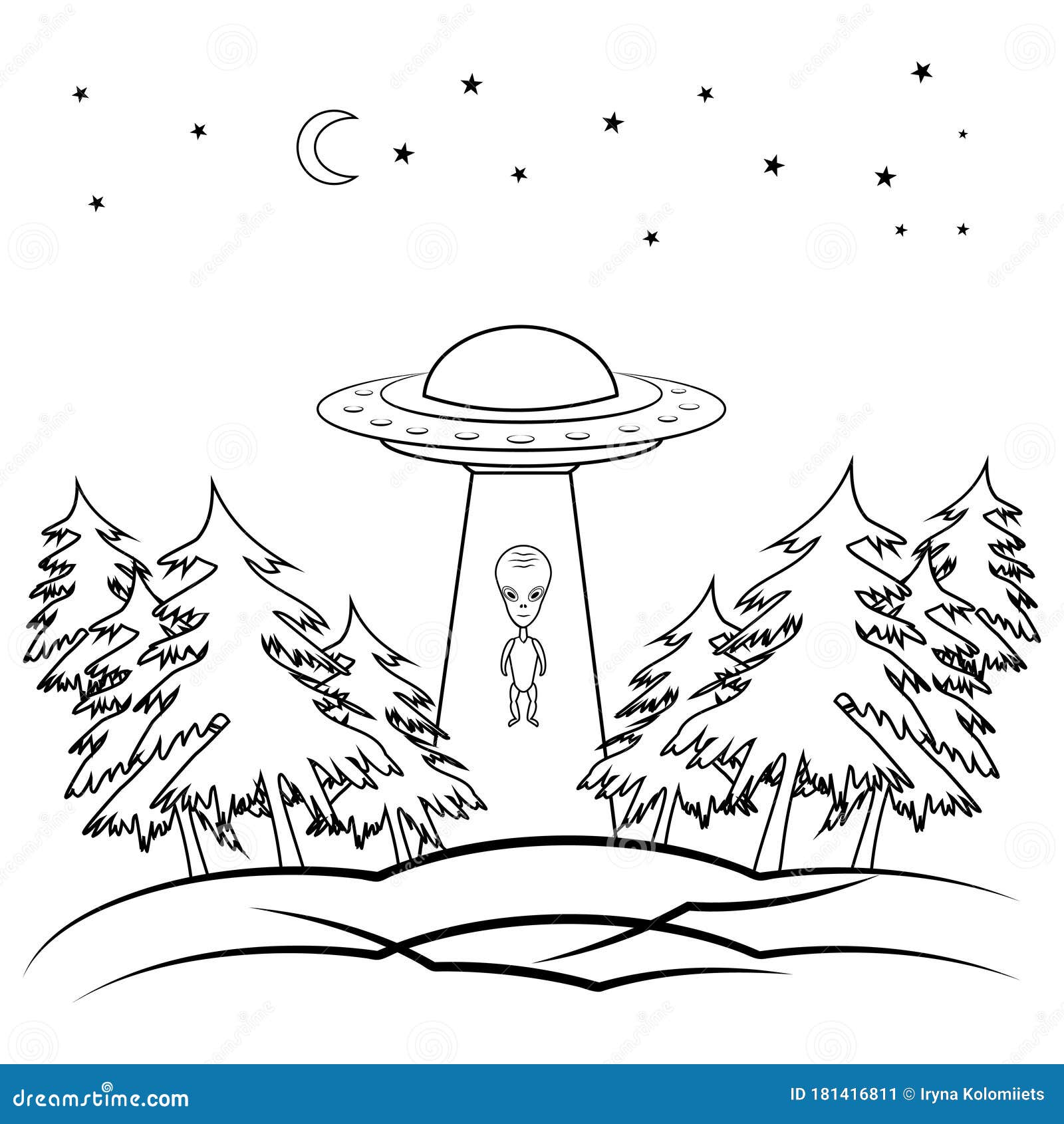 ufo. outline flying spaceship with alien. ufo in night sky inside black forest in outline style. flying saucer. alien space ship,
