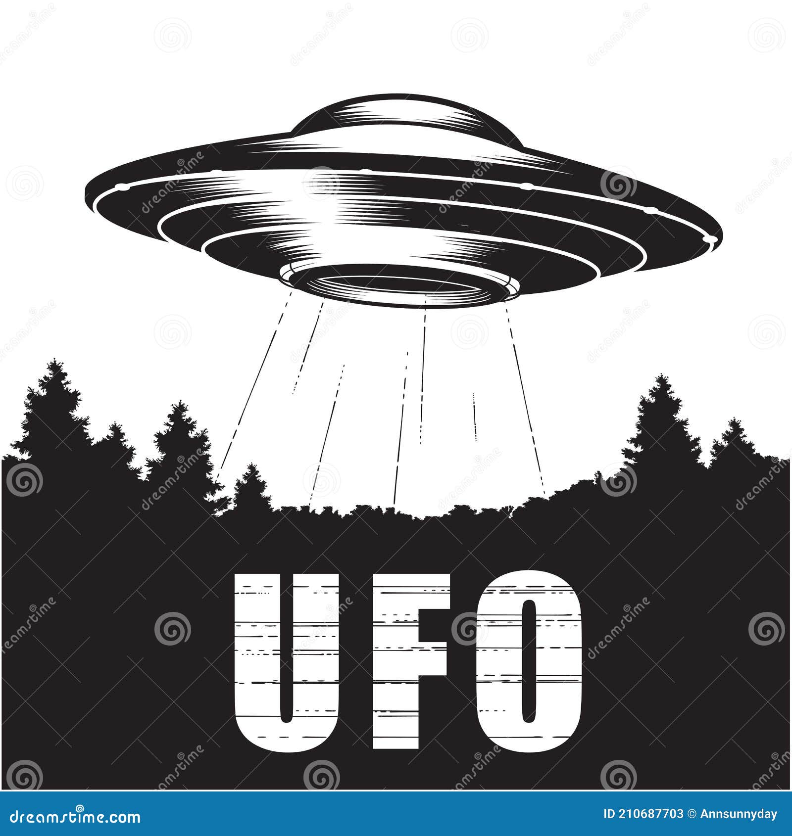 ufo over forest, alien space ship with ray of light, extraterrestrial flying saucer, ufo disk