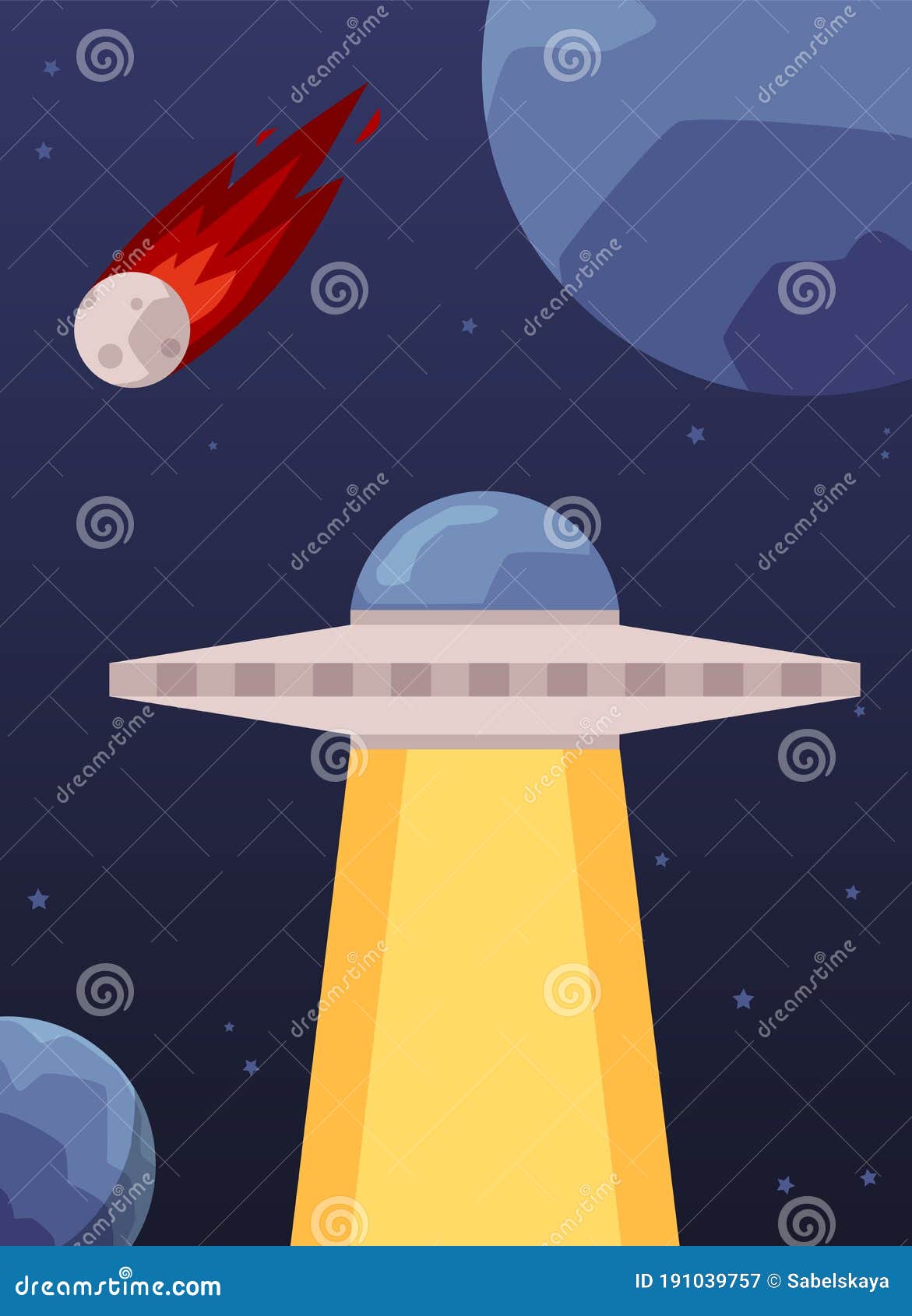 UFO in Space - Flat Cartoon Poster with Alien Spaceship with Light Beam  Stock Vector - Illustration of asteroid, ship: 191039757