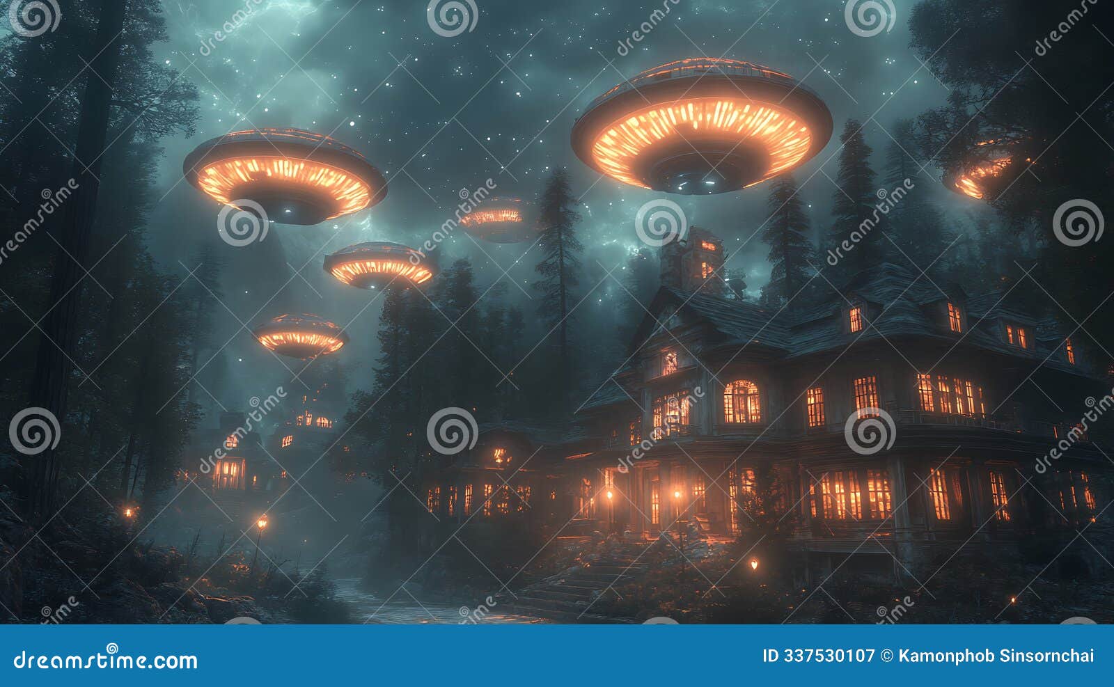ufos over a mystical forest house