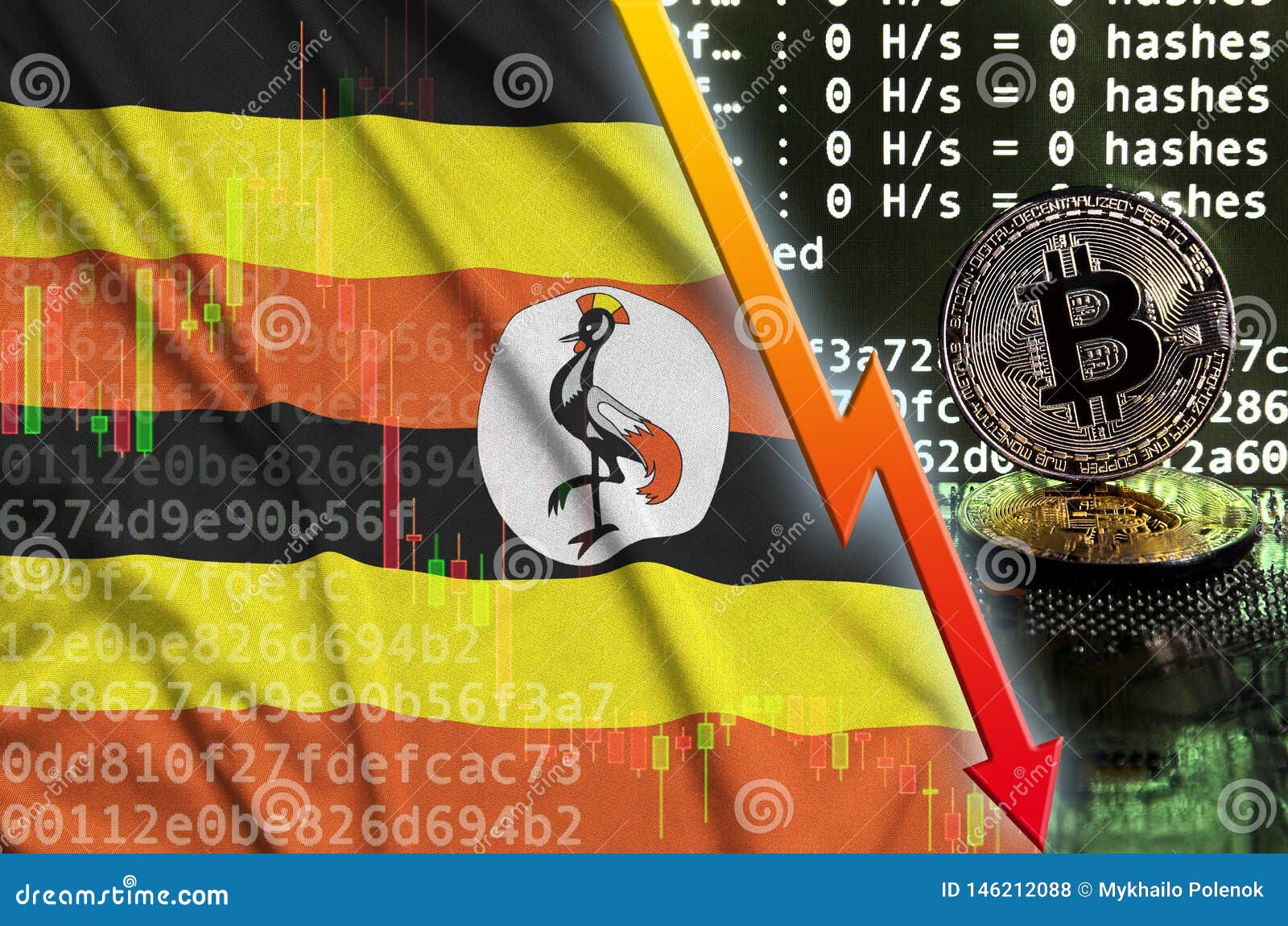 Uganda Flag and Falling Red Arrow on Bitcoin Mining Screen and Two
