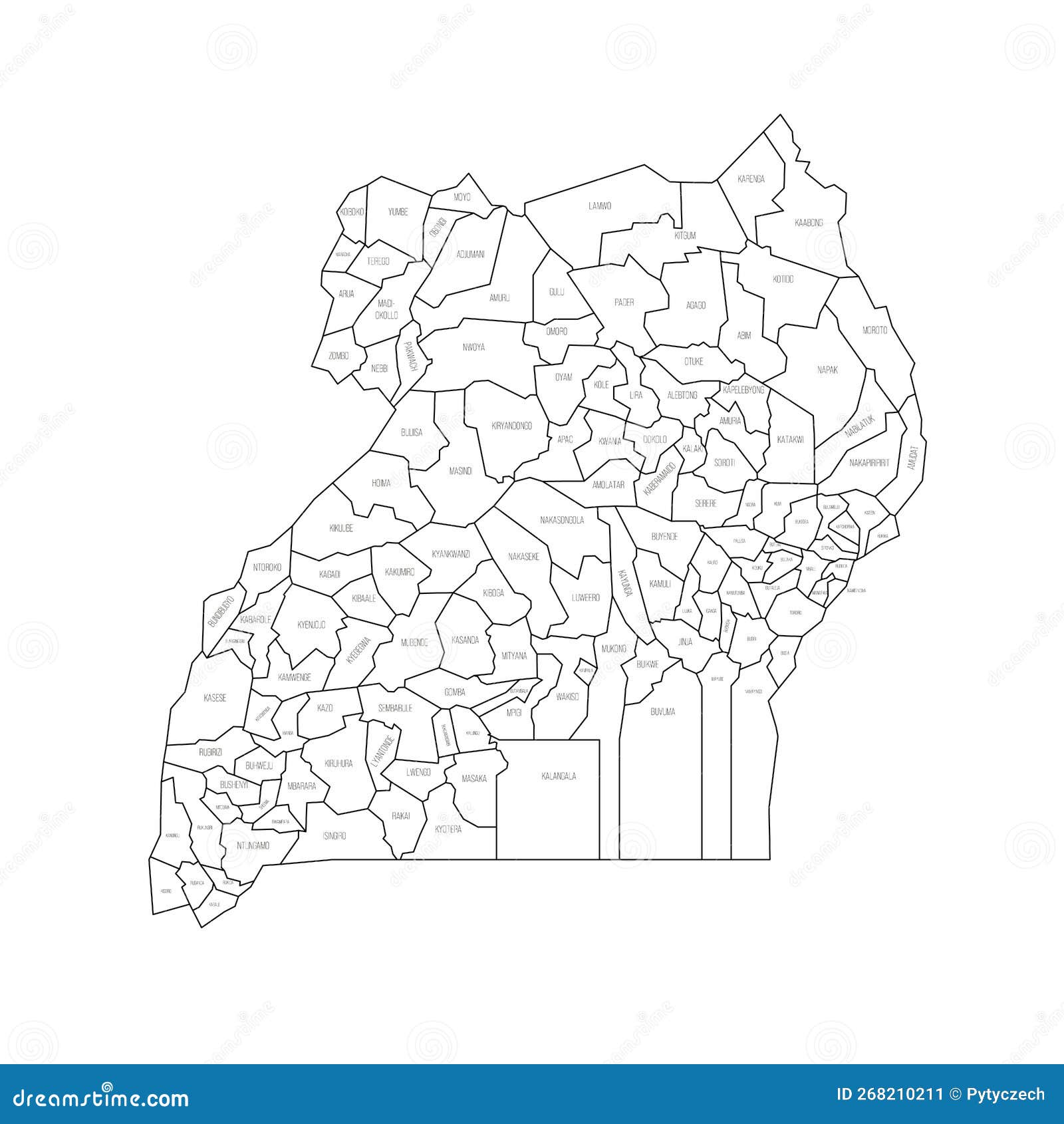 Uganda Political Map of Administrative Divisions Stock Vector
