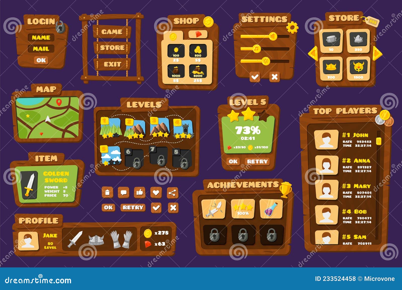 Game ui menu application mobile app Royalty Free Vector