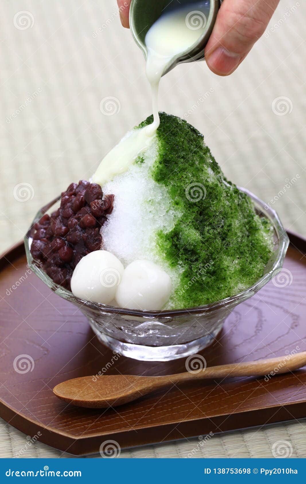 shaved ice with matcha green tea syrup and azuki red beans jam