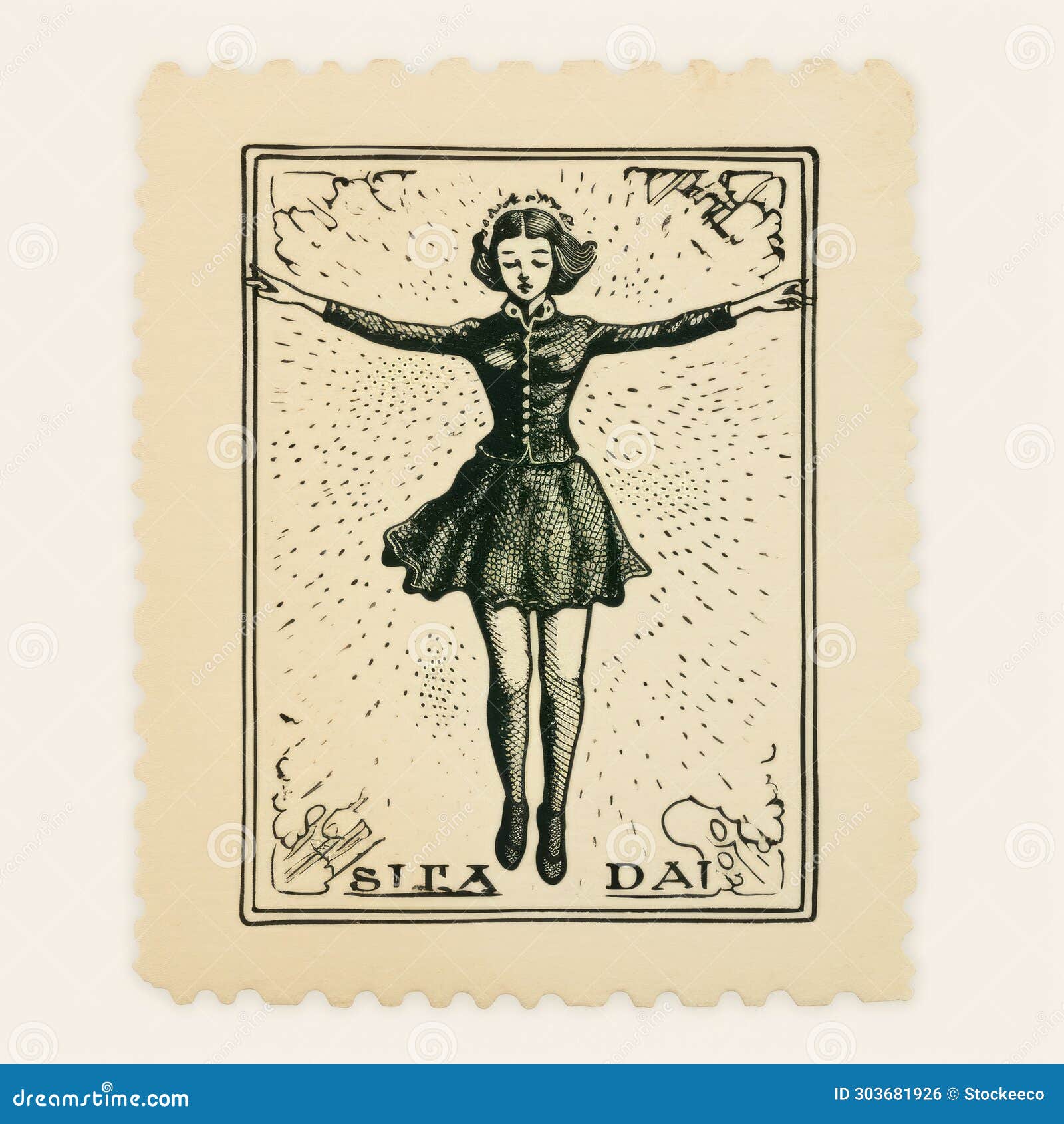 Uk Dancer Stamp: Vintage Style Illustration Inspired by Dada Stock