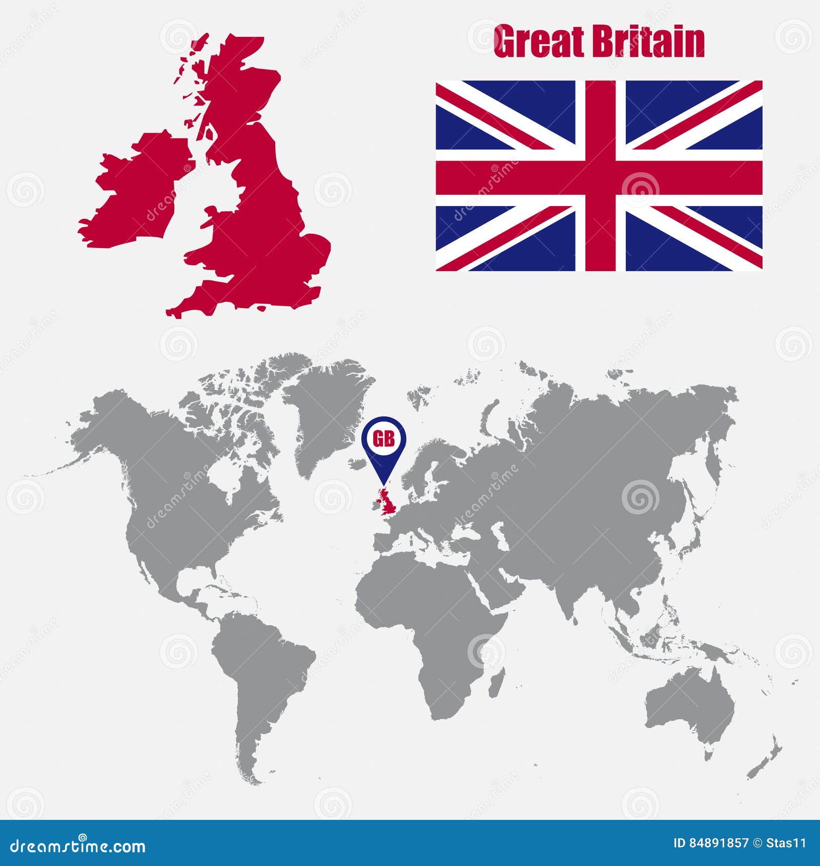 UK Map on a World Map with Flag and Map Pointer. Vector Illustration