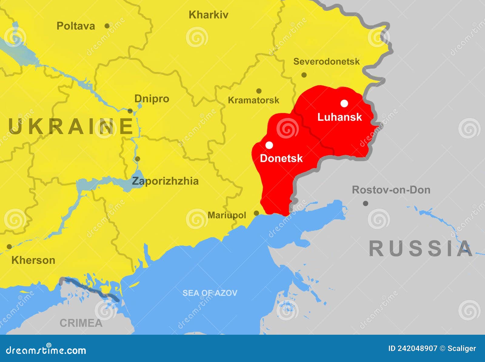 ukraine with donetsk and luhansk republics donbass on europe map close-up