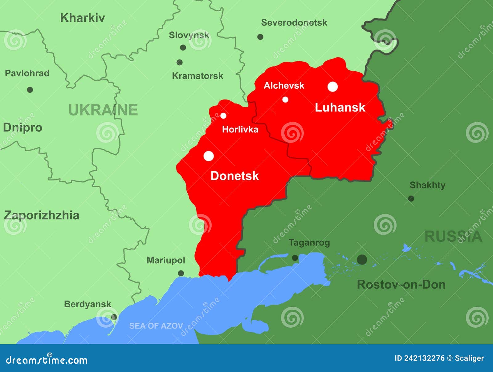 ukraine with donetsk and luhansk republics on map close-up