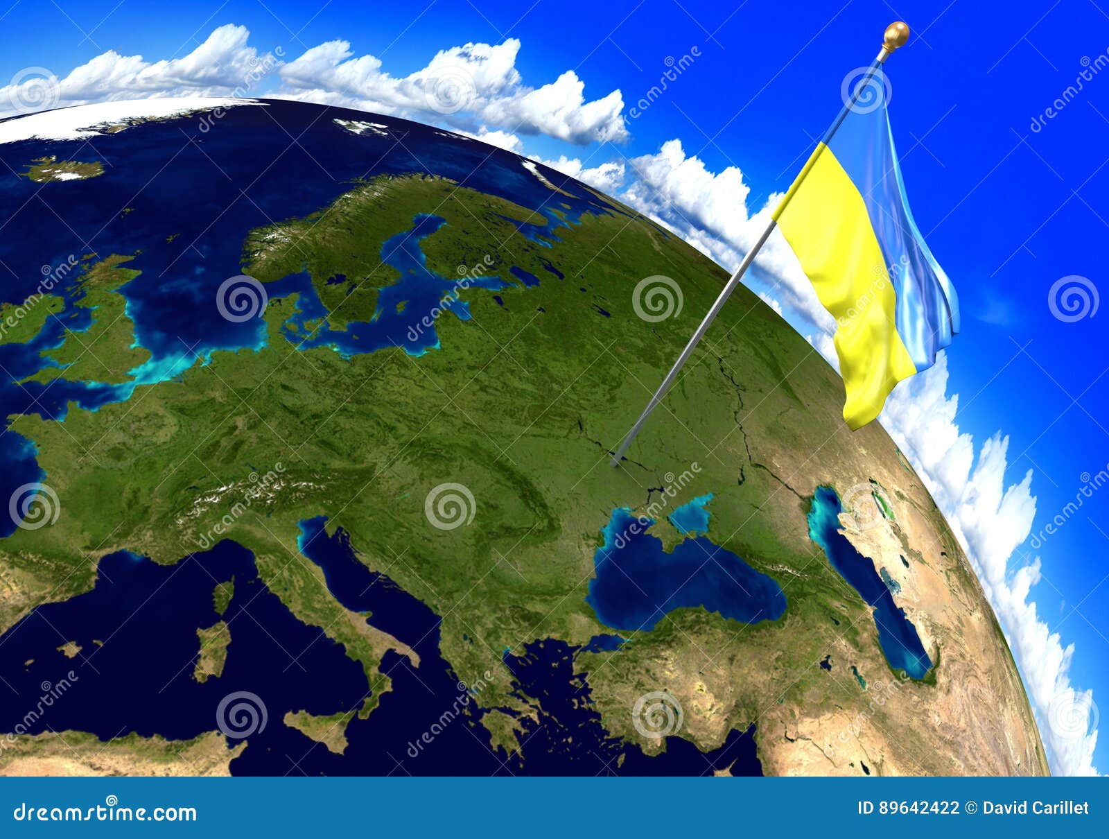 Ukraine national flag marking the country location on world map. 3D rendering. 3D render of the national flag of Ukraine over the geographic location of the country on a world map. Parts of this image furnished by NASA.