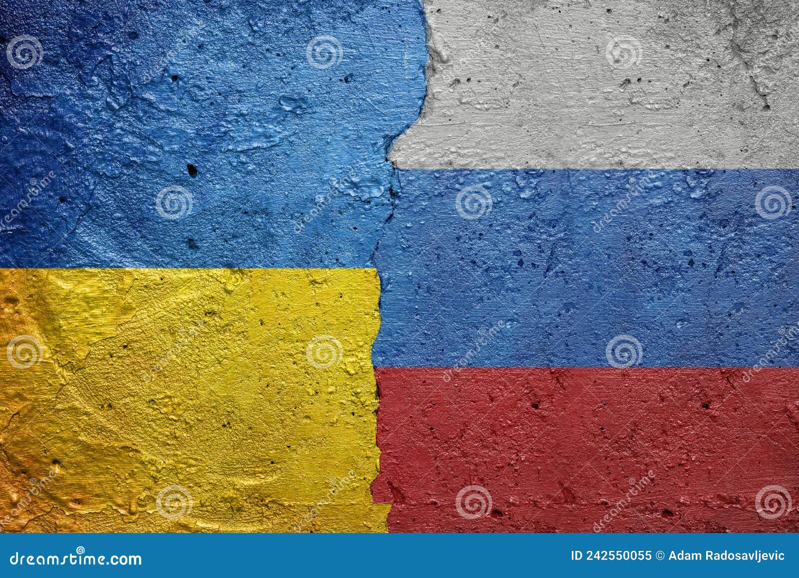 ukraine vs rusia - cracked beton wall painted with a ukrainian flag on the left and a russian flag on the right