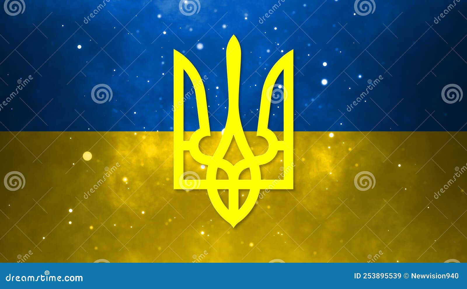 Ukrainian State Emblem on a Background of Yellow and Blue Flag Stock