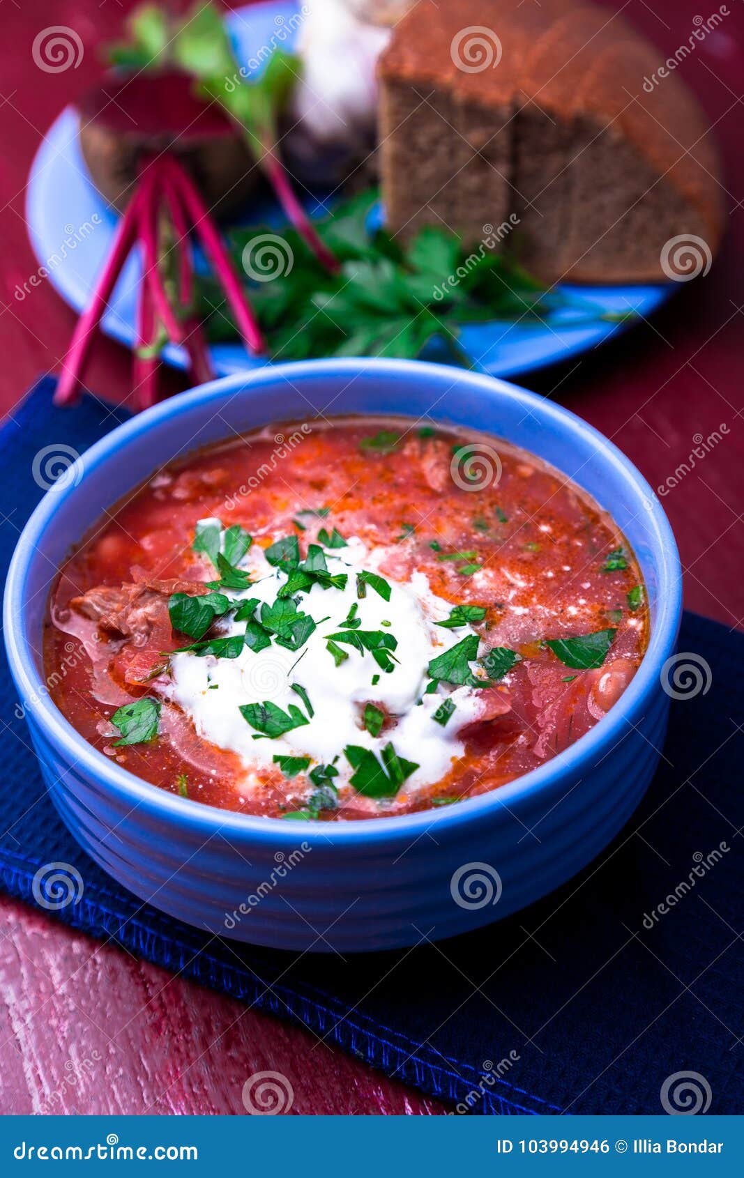 Ukrainian Traditional Borsch. Russian Vegetarian Red Soup in Blue Bowl ...