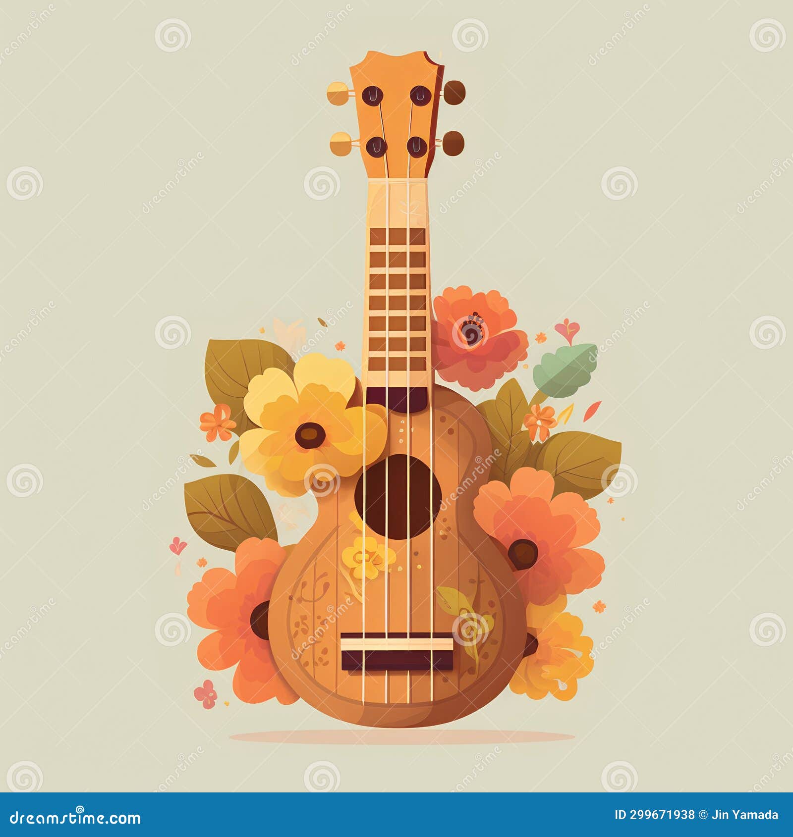Ukulele with Flowers and Leaves. Vector Illustration in Flat Style