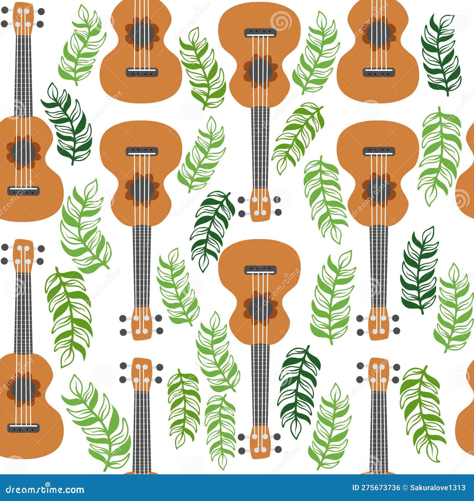 Ukulele Seamless Pattern, Ukulele. Pattern with Monstera, Leaves