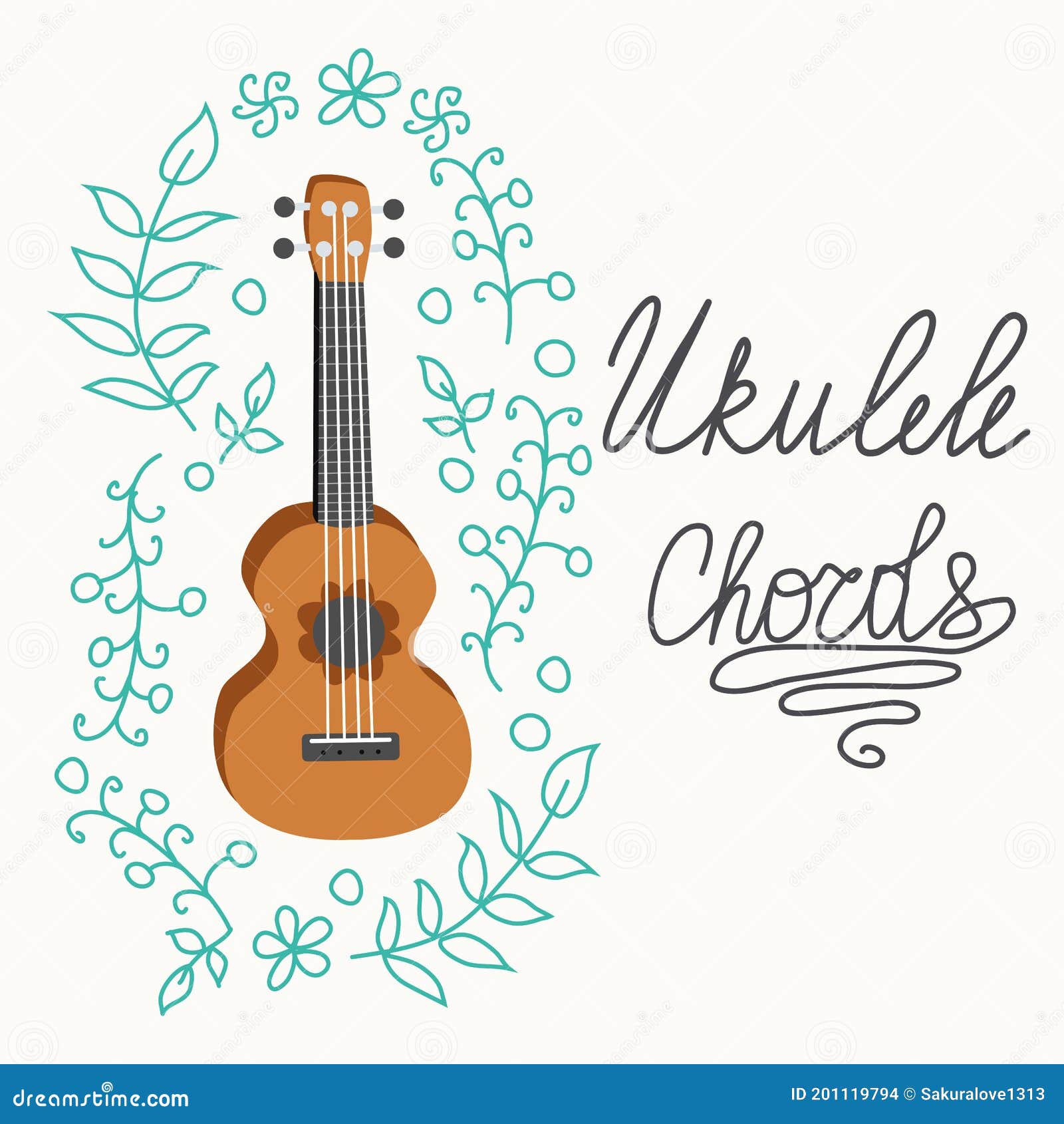 Ukulele Chords Logo Set. Hand, Finger Numbers, Table And Letters For