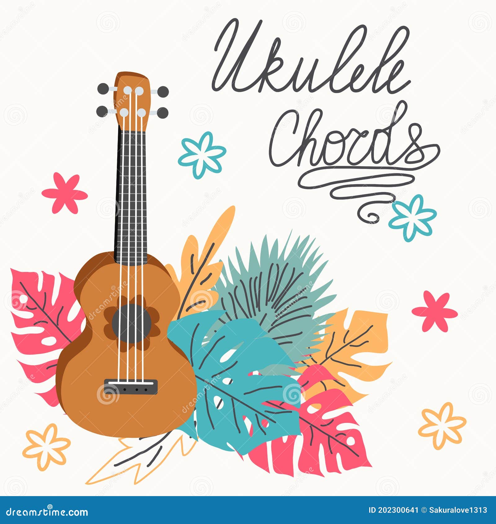Ukulele Chords Logo Set. Hand, Finger Numbers, Table And Letters For