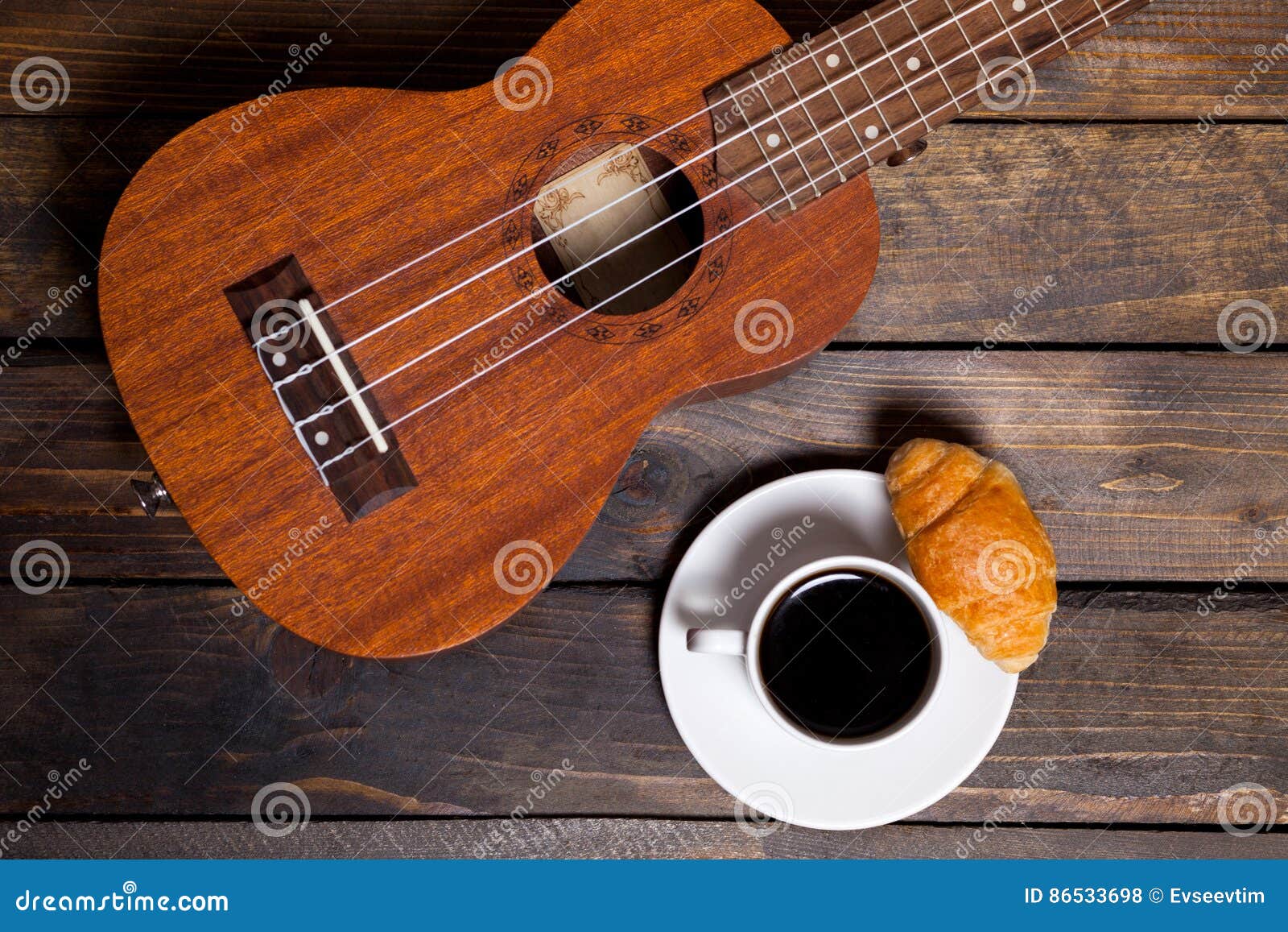Ukulele Ukulele with Cup of Coffee and Croissant Stock Photo Image of