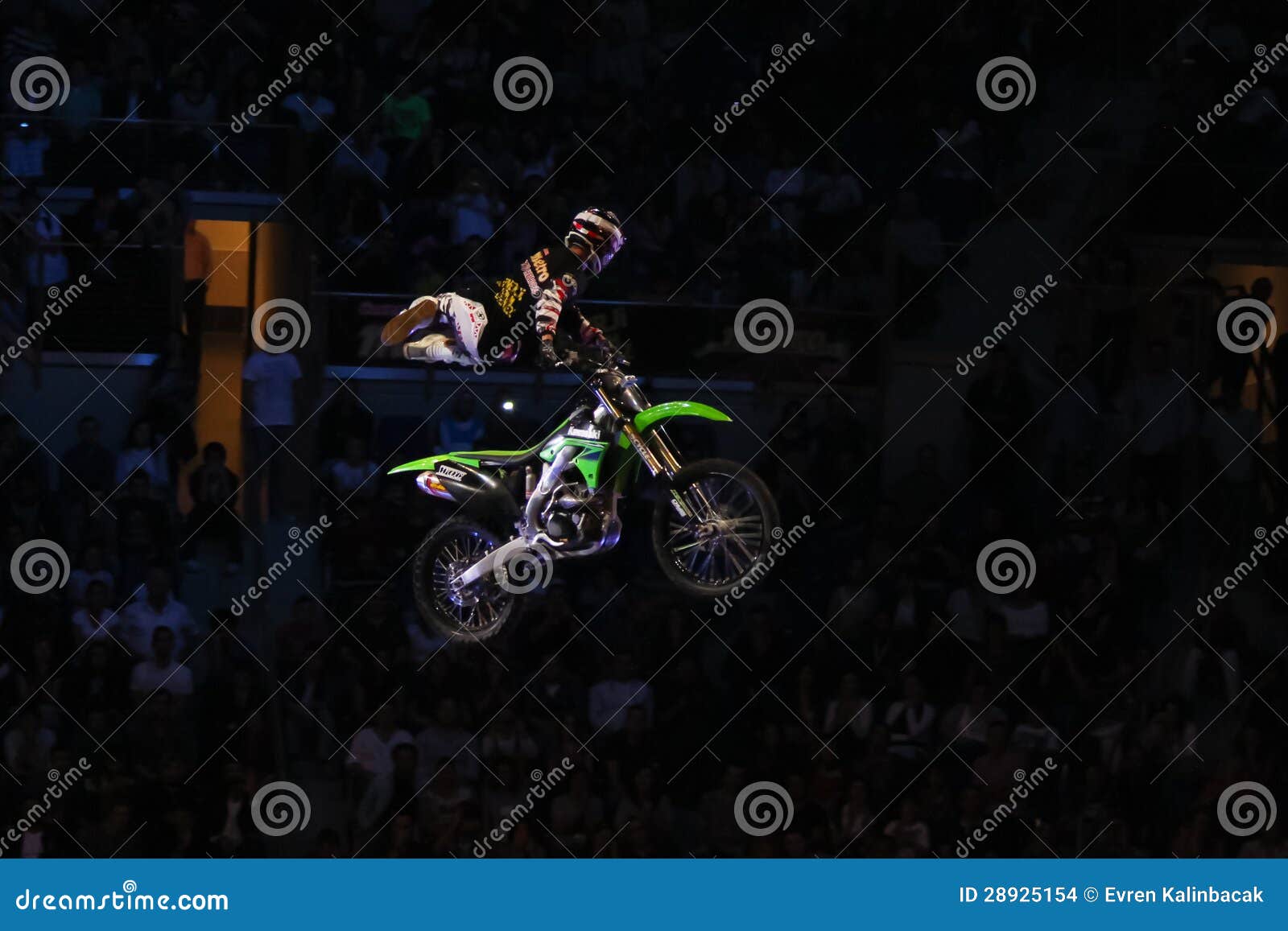 Unidentified driver jumping during Ulker Metro Moto Heroes FMX Freestyle Motocross Motorcycle Stunt Show in Ulker Sports Arena on October 13, 2012 in Istanbul, Turkey.