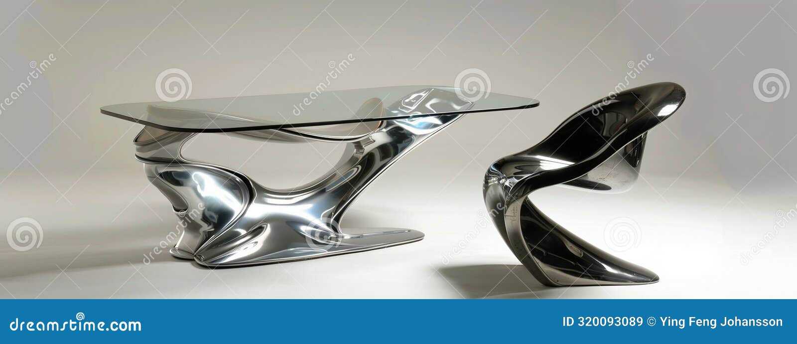 ultra-contemporary desk and chair, the structure and transparent surface suggesting a workspace of the future.