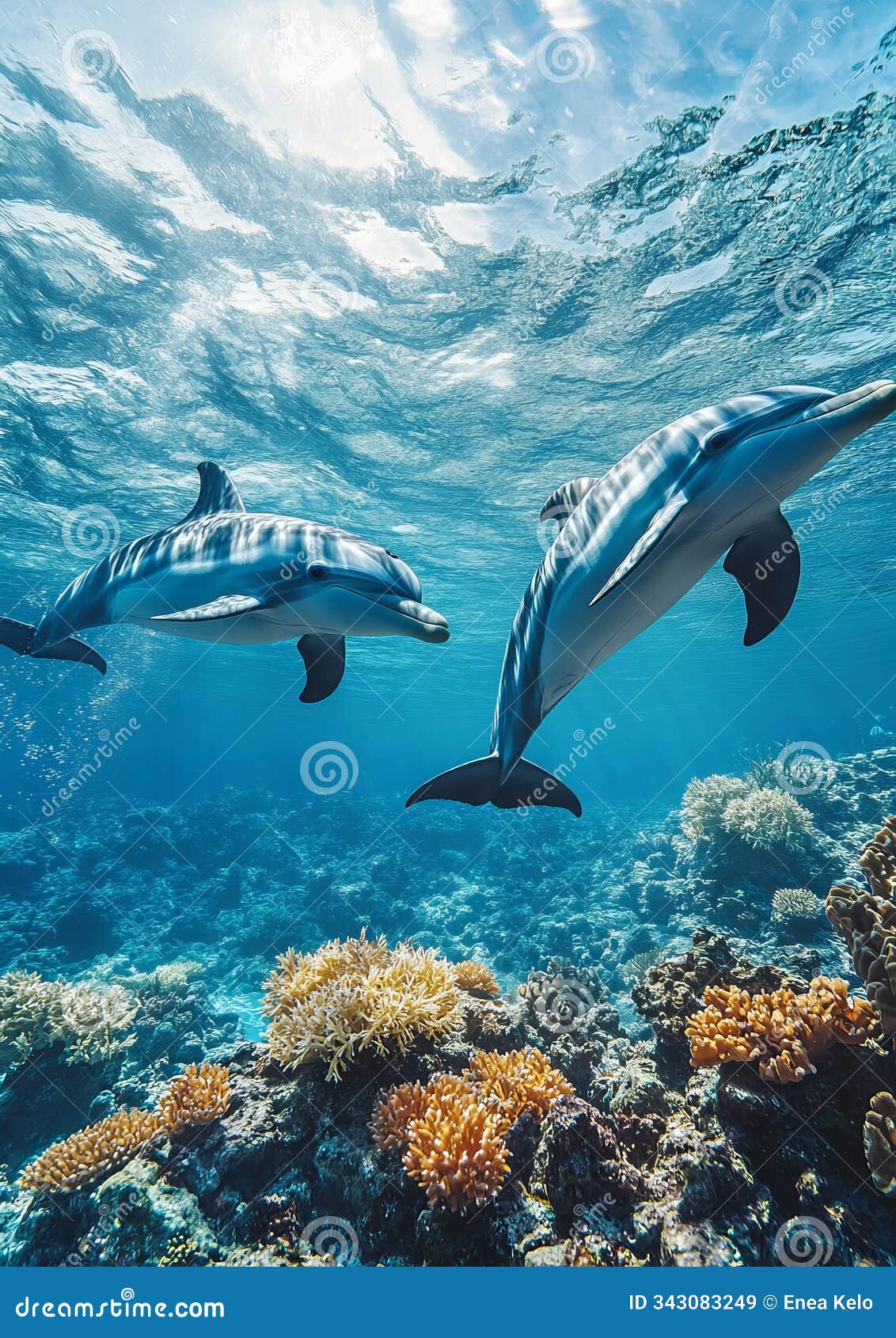 dolphins in a sunlit ocean leap