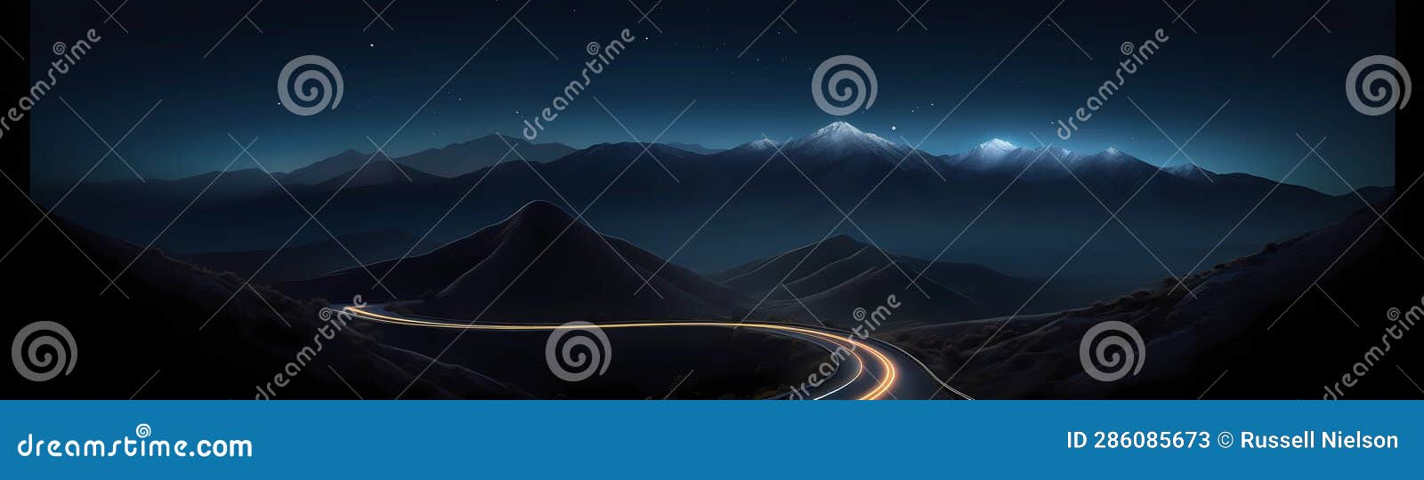 ultra-wide background of car headlights streak down a road through the mountains at night (generative ai)