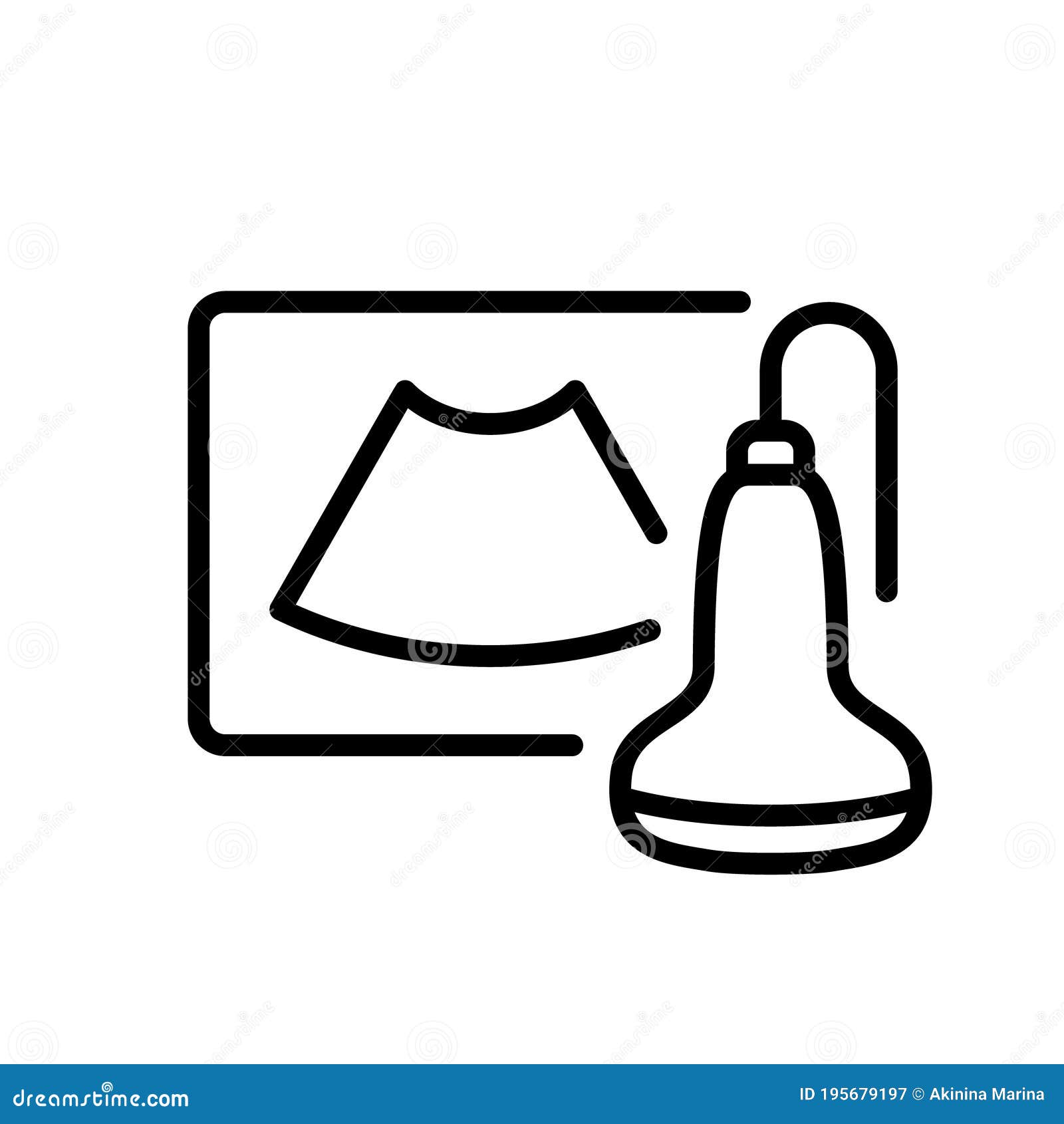 Ultrasound Pictogram. Line Art Icon of Display with Transducer. Black