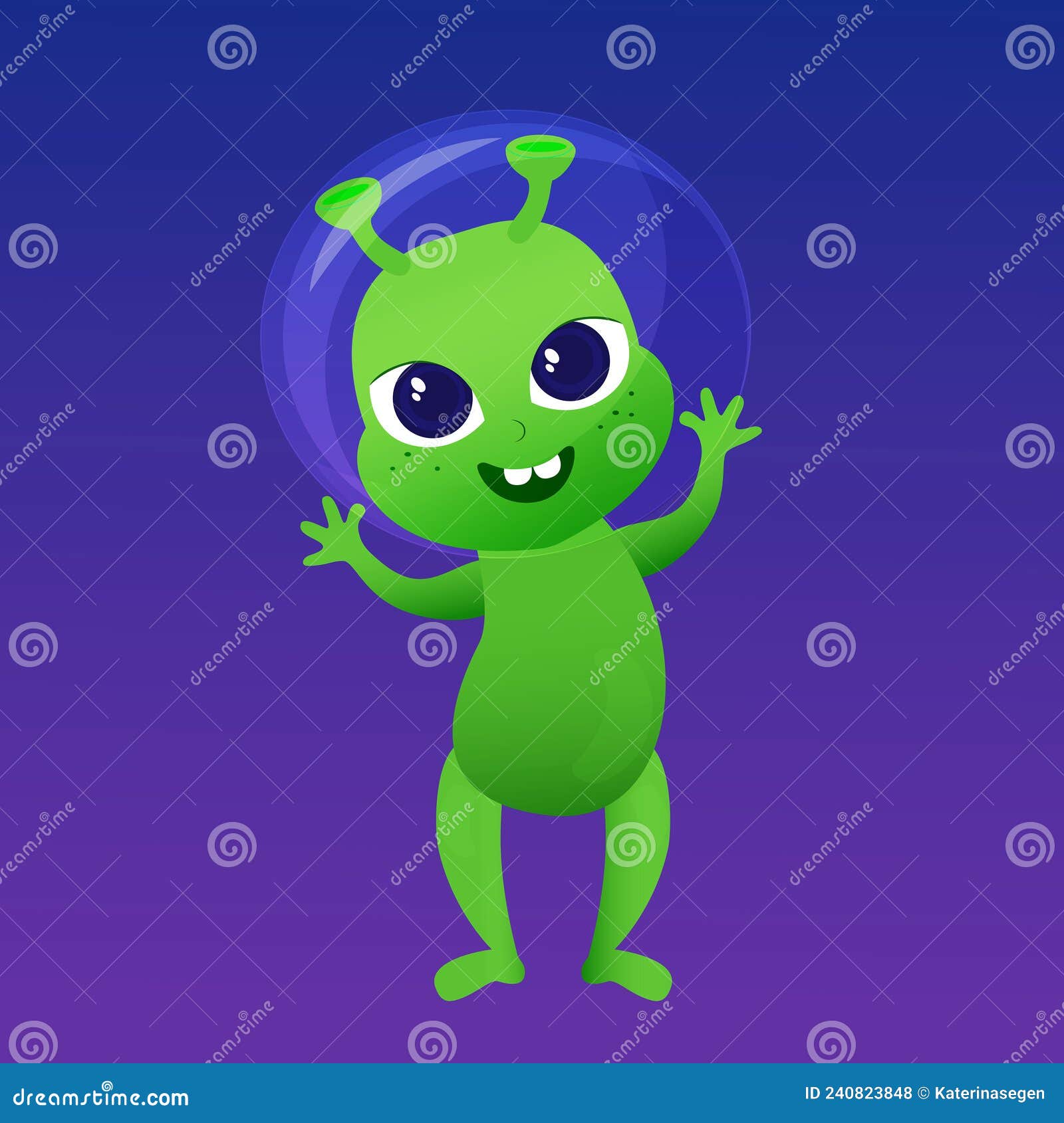 Alienígena de desenho animado verde com cabeça grande e olhos