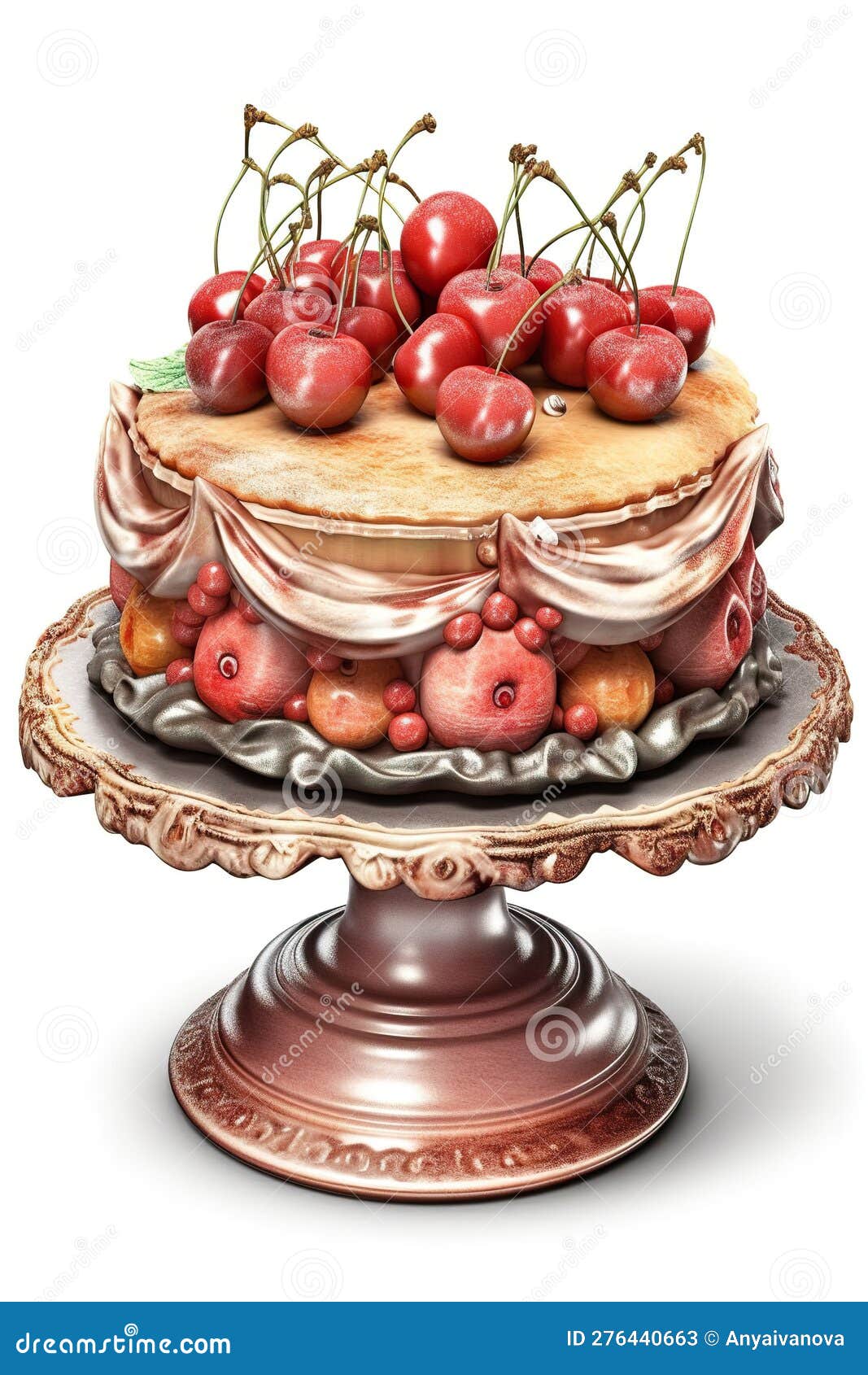 Um bolo de desenho animado com cobertura de chocolate e cerejas no topo da  ia generativa