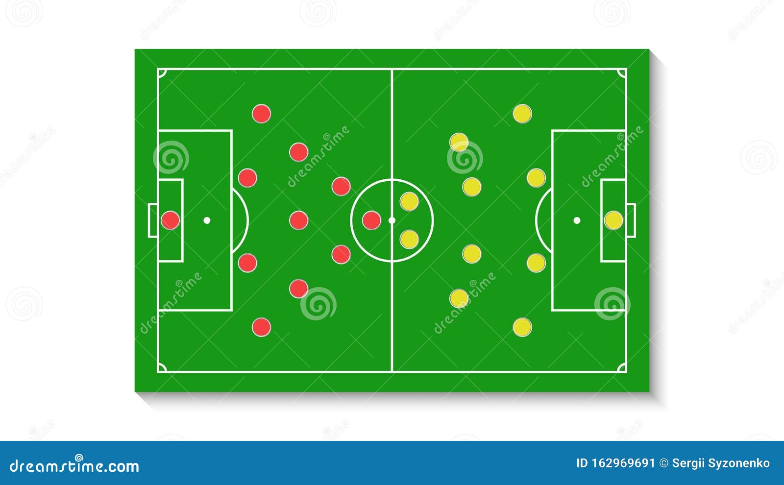 Um campo de futebol cibernético azul com um esquema tático da