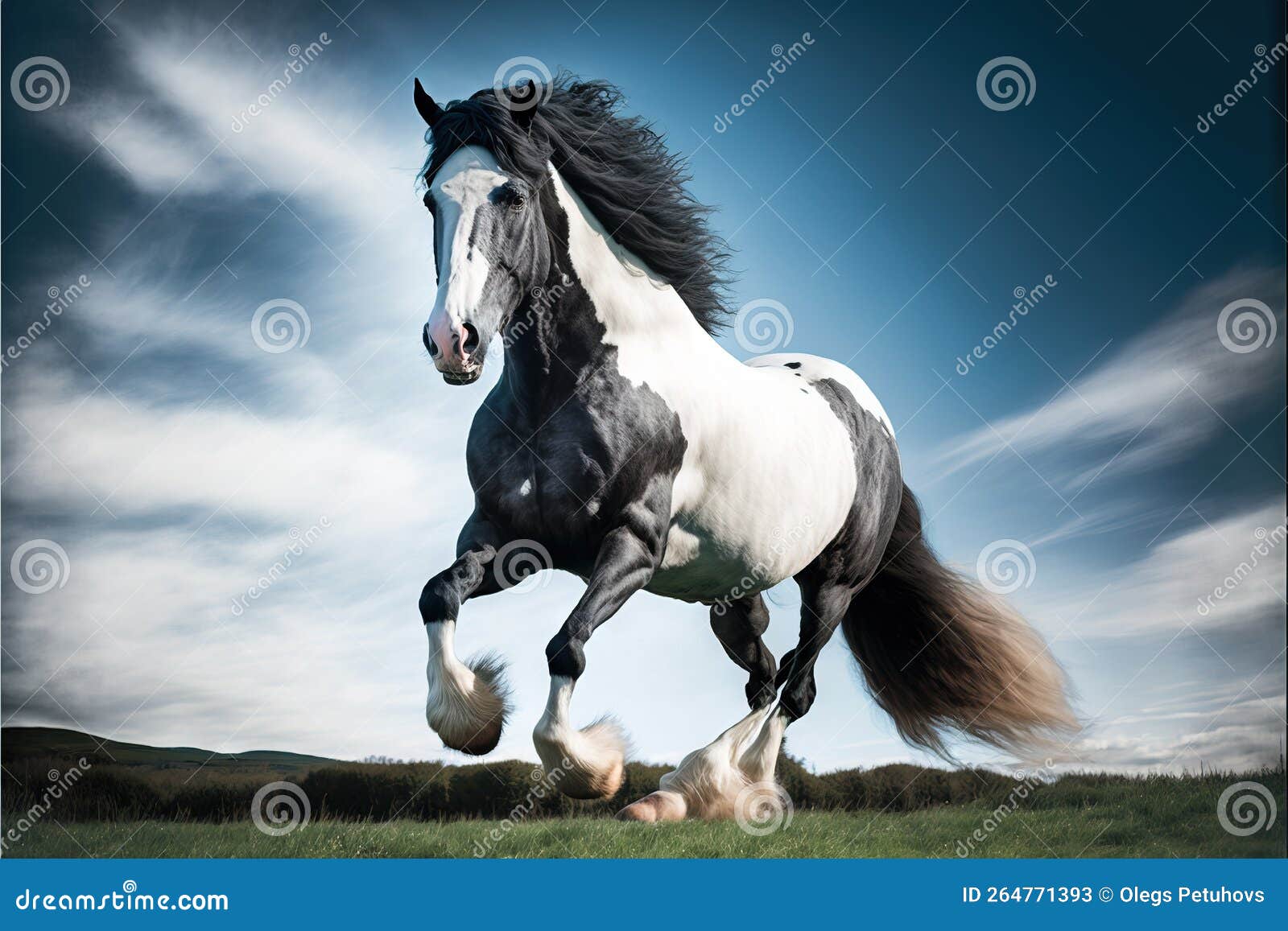 Um cavalo branco correndo no ar