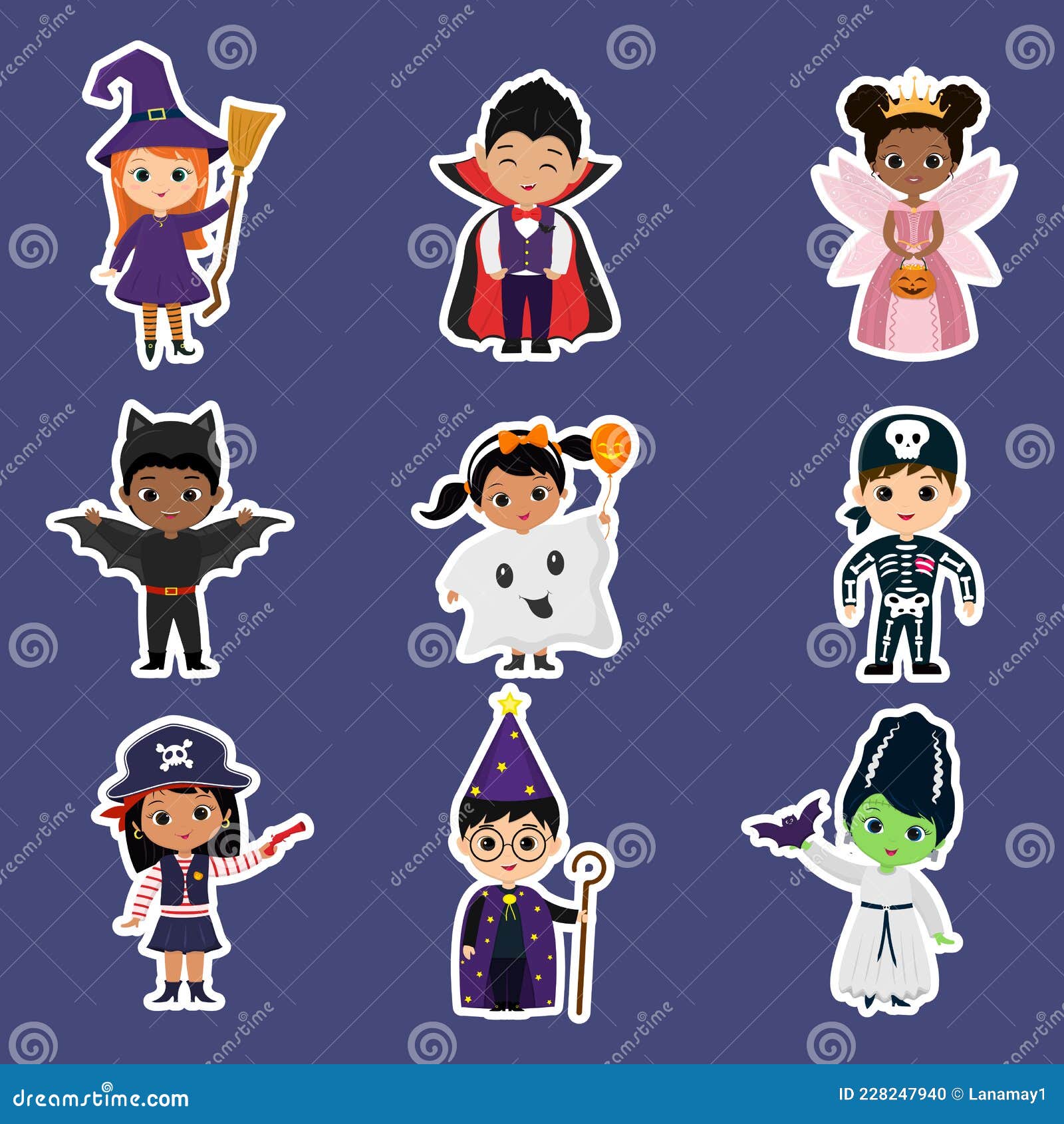 Um Conjunto De Autocolantes De Doze Crianças De Festa De Halloween. Crianças  Com Roupas Coloridas De Halloween Estilo Cartoon Ilustração do Vetor -  Ilustração de partido, feriado: 228247940