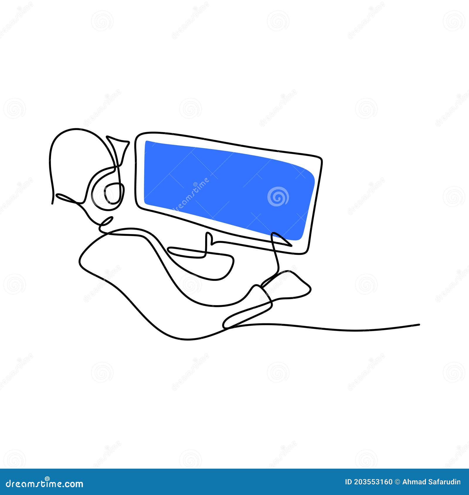 única linha desenhando uma garota feliz usando fone de ouvido jogando  videogame online em seu computador.