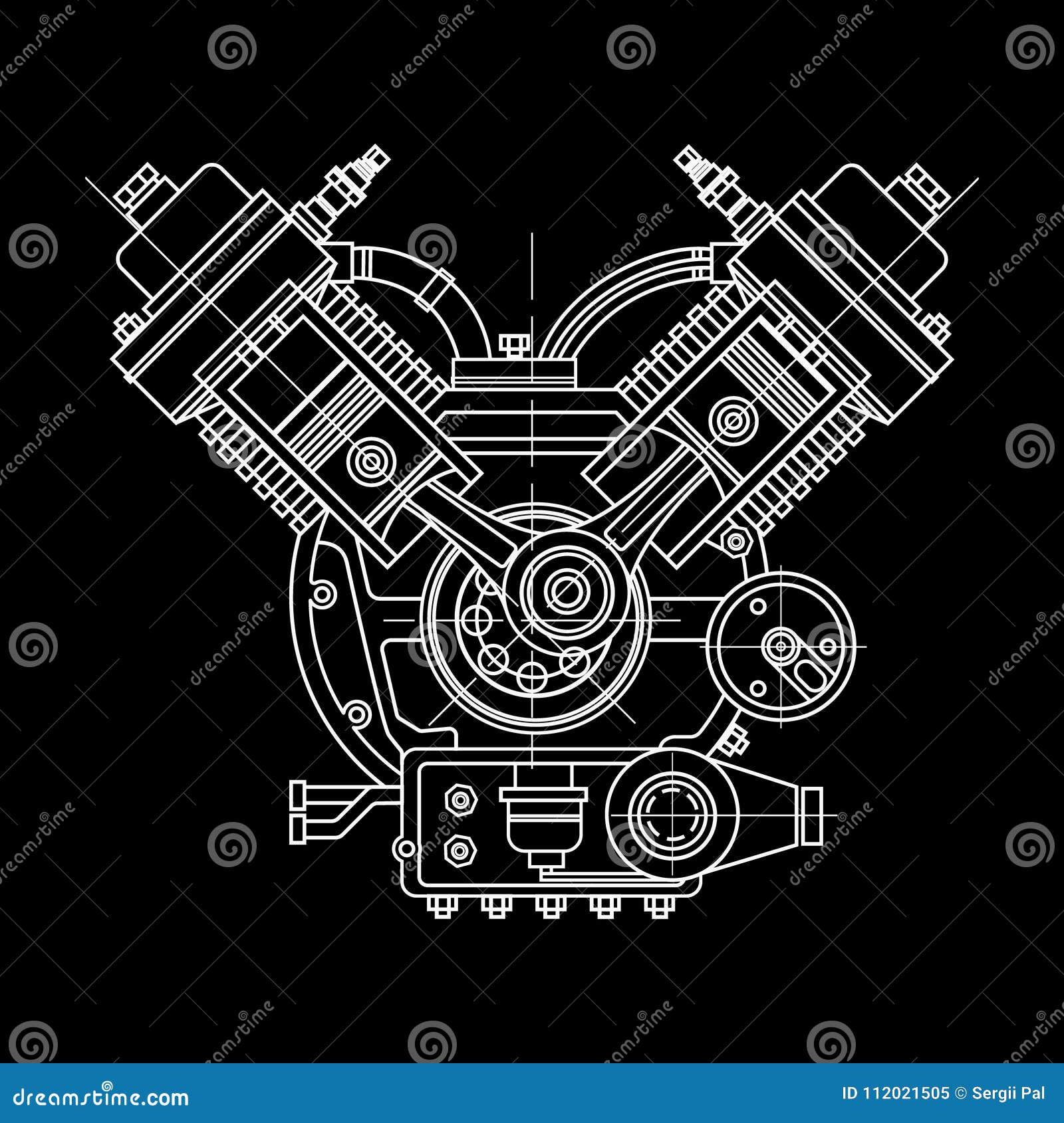 Um motor de combustão interna. O motor de desenho da máquina na seção,  ilustrando a estrutura interna - os cilindros, pistões, a vela de ignição.  Isolado sobre fundo branco . imagem vetorial