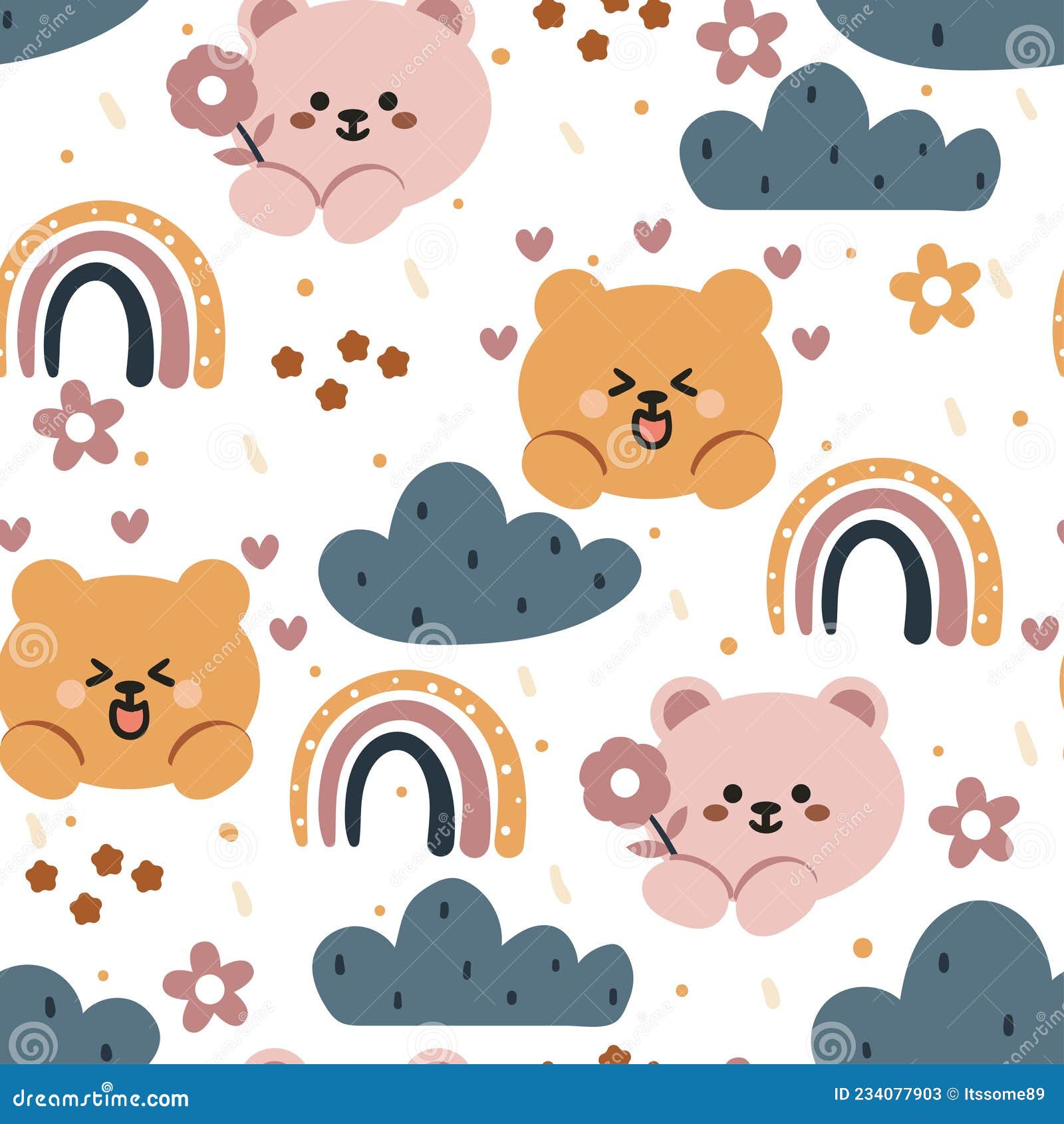 padrão infantil com caixa de presente kawaii fofa e flores, estampa infantil.  fundo sem emenda dos desenhos animados, textura vetorial fofa para roupas  de cama infantis, tecido, papel de parede, papel de