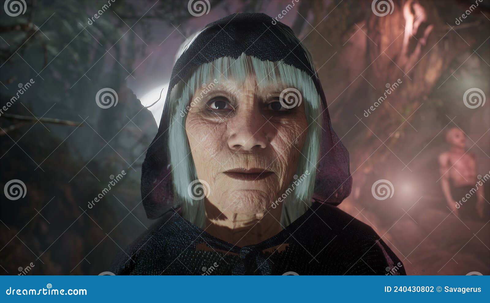 Foto de uma cena de horror de cores escuras de uma bruxa velha e