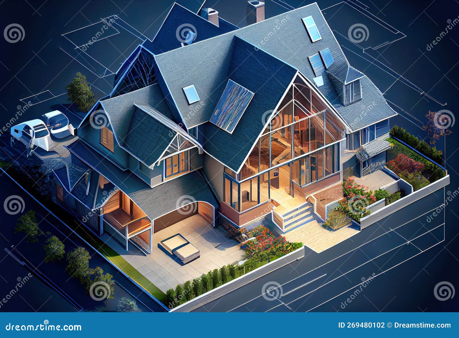 Modelo 3d de uma casa moderna. modelo de arquitetura, desenho. planta da  casa