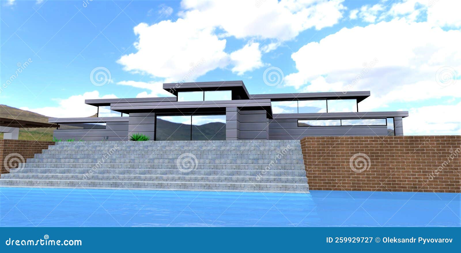 Renderização em 3d de uma casa moderna com fachada escura. casa com janelas  panorâmicas e terraço. tijolo