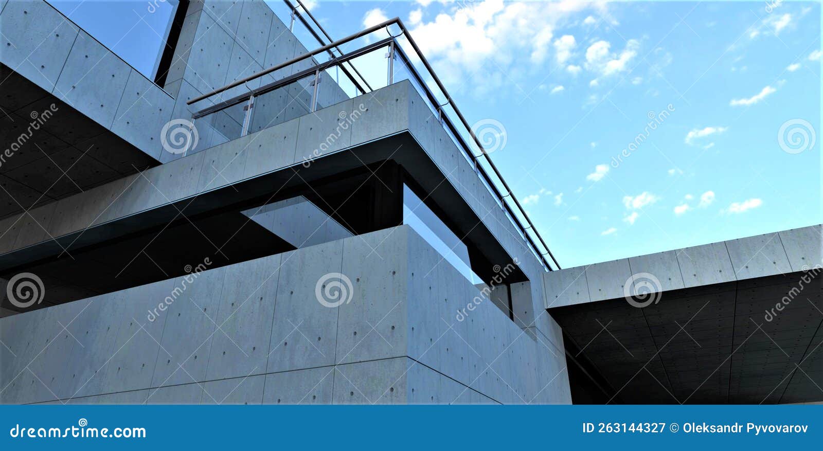 Renderização em 3d de uma casa moderna com fachada escura. casa com janelas  panorâmicas e terraço. tijolo