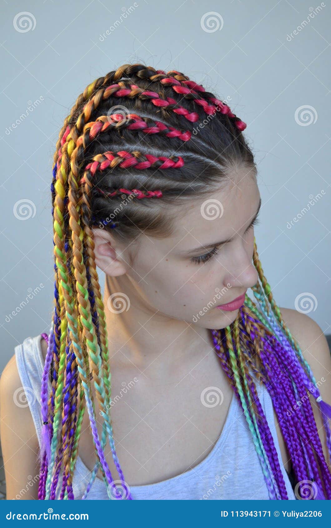 Uma Menina Com Um Grupo Elegante De Tranças Coloridos Kanekalon Costas  Artificiais Coloridas Do Cabelo Imagem de Stock - Imagem de humano, bonito:  113943171