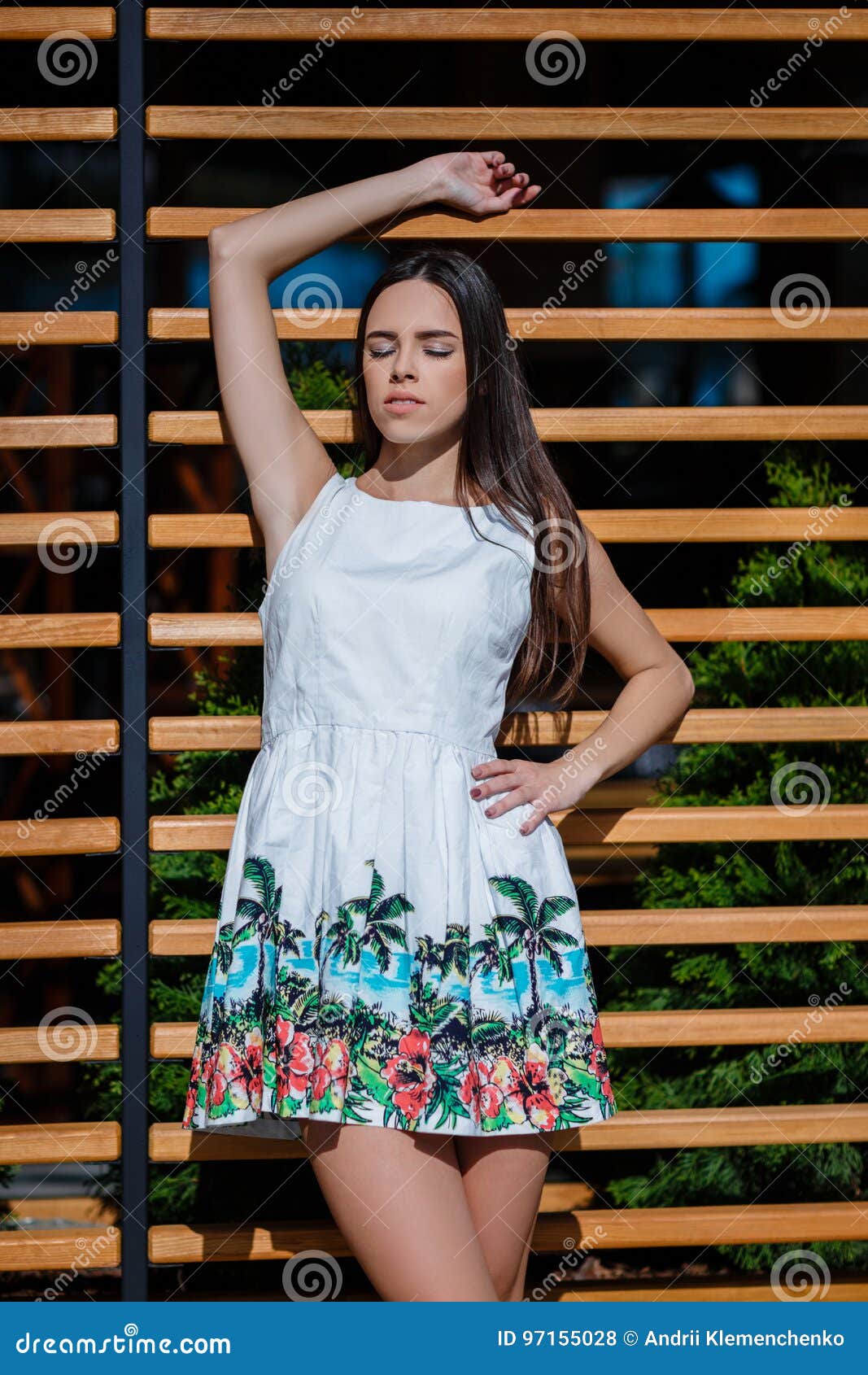 Uma Mulher Está Levantando Em Um Vestido Em Uma Rua E Em Um Fundo De  Madeira a Senhora Encantador Com Cabelo Escuro Está Aprecian Foto de Stock  - Imagem de menina, povos: