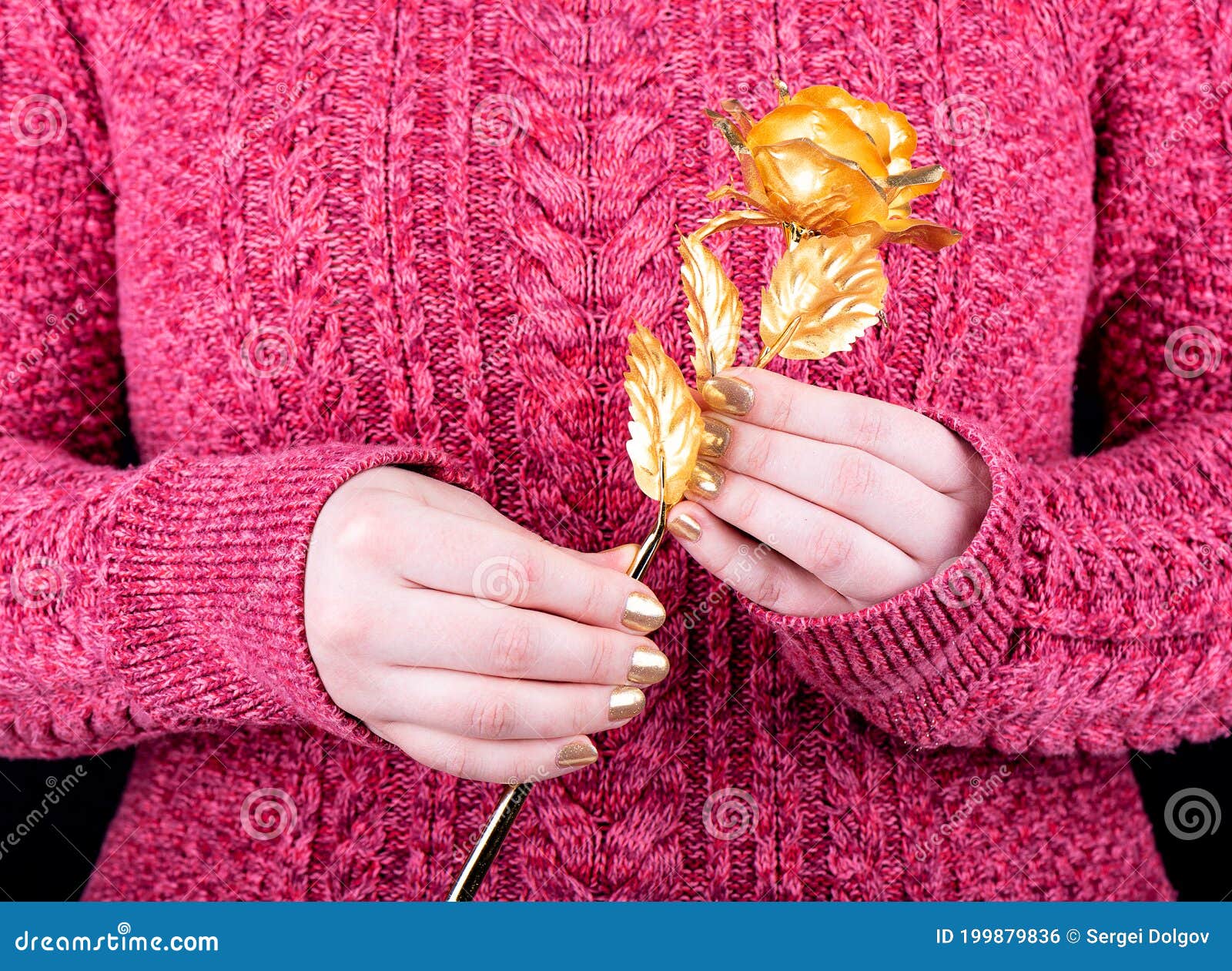 Uma Mulher Segura Uma Rosa Dourada Artificial Foto de Stock - Imagem de  cuidado, fundo: 199879836