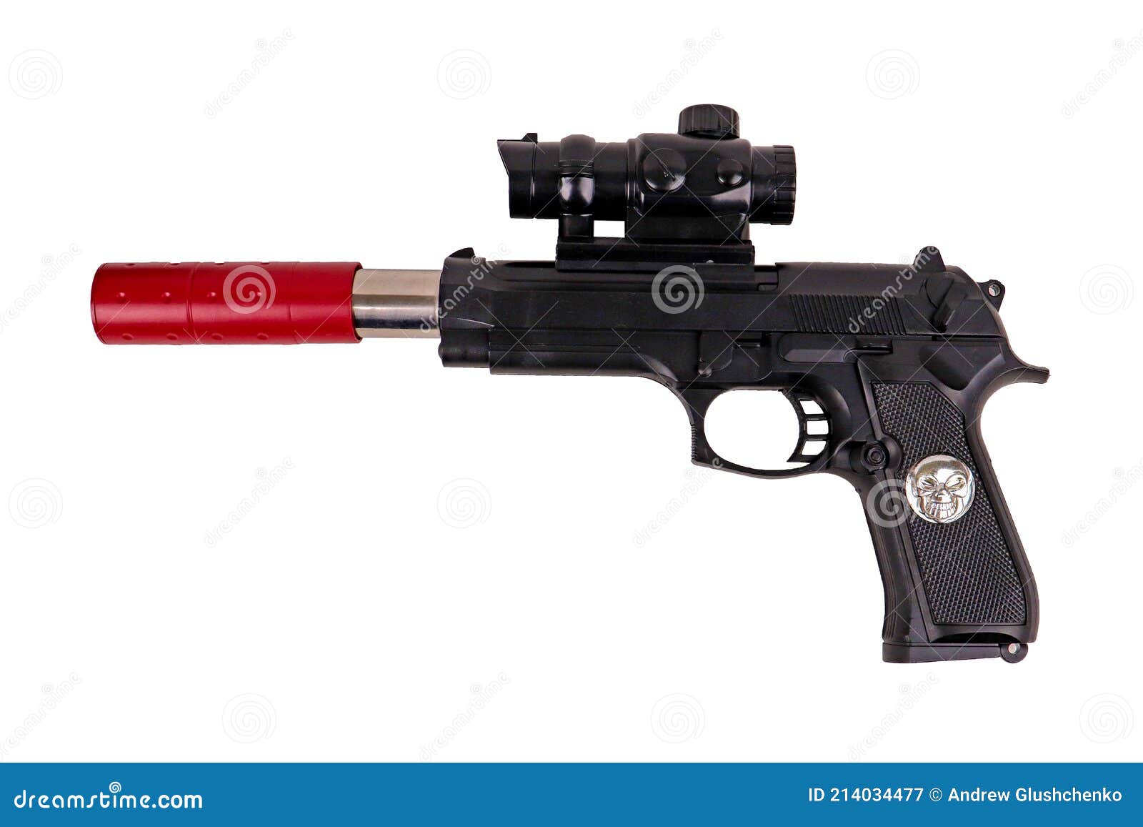 Uma Pistola De Brinquedo Preto Com Um Silenciador. Armas Infantis. Sobre Um  Fundo Branco Isolado Imagem de Stock - Imagem de disparar, incêndio:  214034477