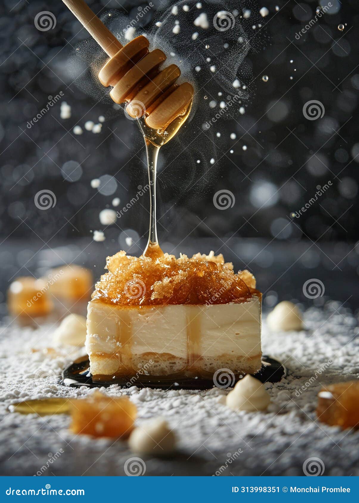an umami-rich dessert featuring a honey drizzle, offering a naturally sweet touch to an unsweetened base