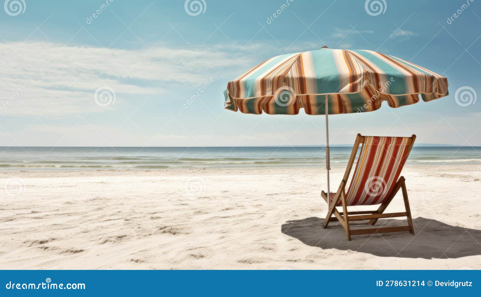 Umbrella and Deck Chair on the Beach. Generative AI Stock Illustration