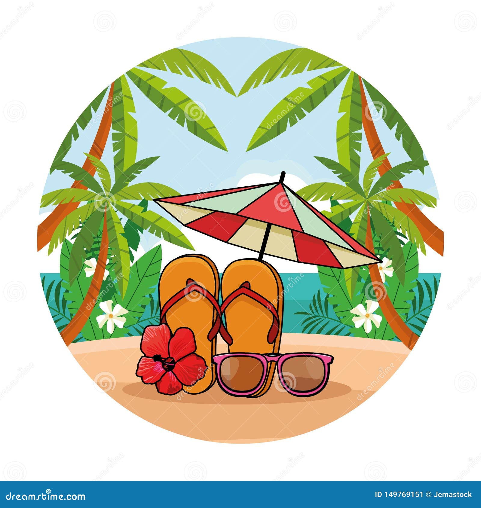 Umbrella and Flip Flops with Sunglasses Stock Vector - Illustration of ...