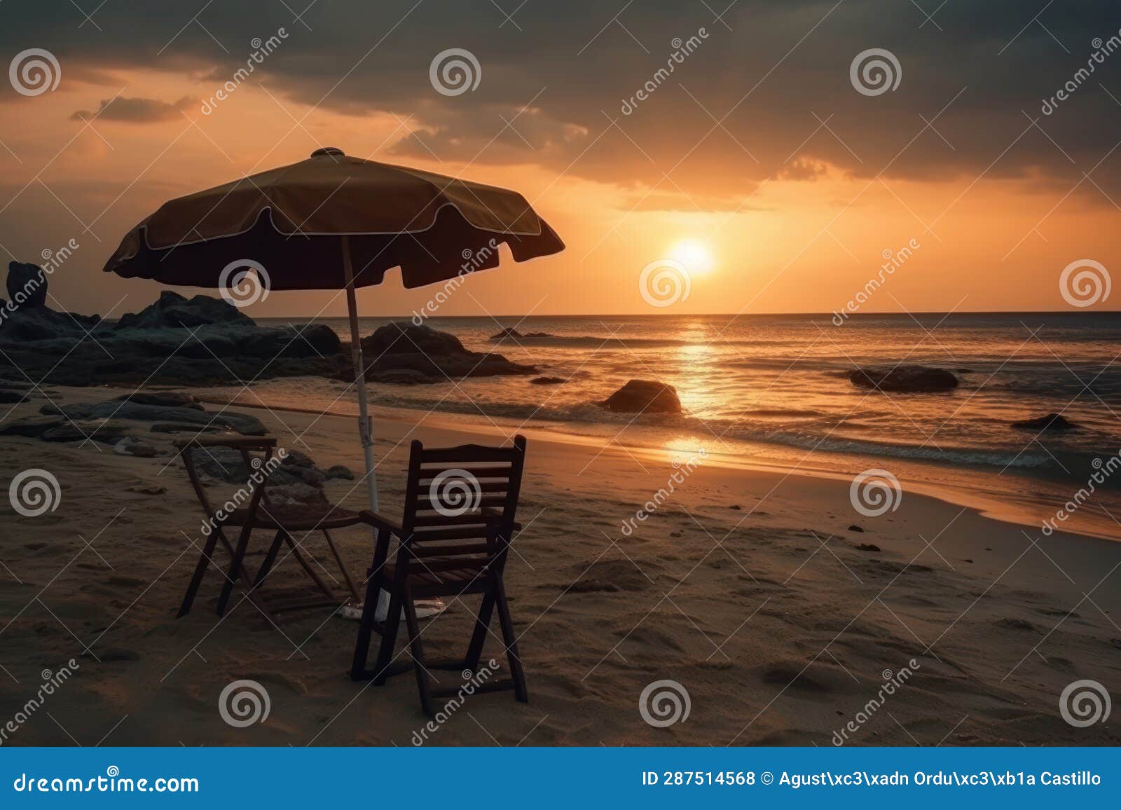 Umbrella and Hammock during Sunset on the Beach. Stock Photo Image of