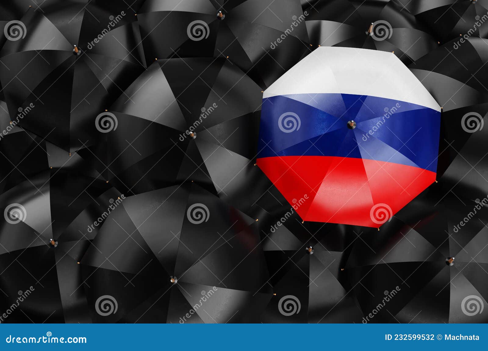 Umbrella with Russian Flag among Black Umbrellas, 3D Rendering Stock