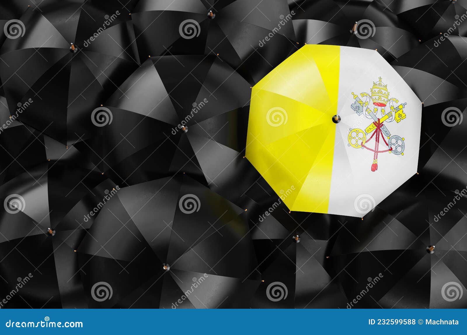 Umbrella with Vatican Flag among Black Umbrellas, 3D Rendering Stock Illustration Illustration